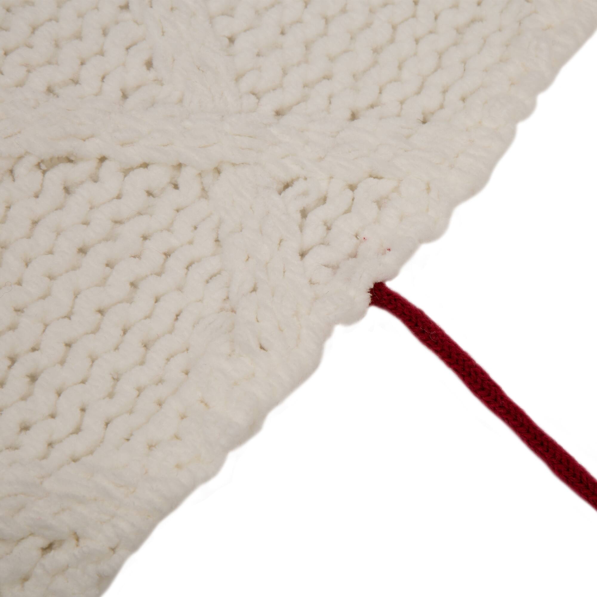 Glitzhome&#xAE; 52&#x22; Knitted White Christmas Tree Skirt with Red Trim &#x26; Pom Pom
