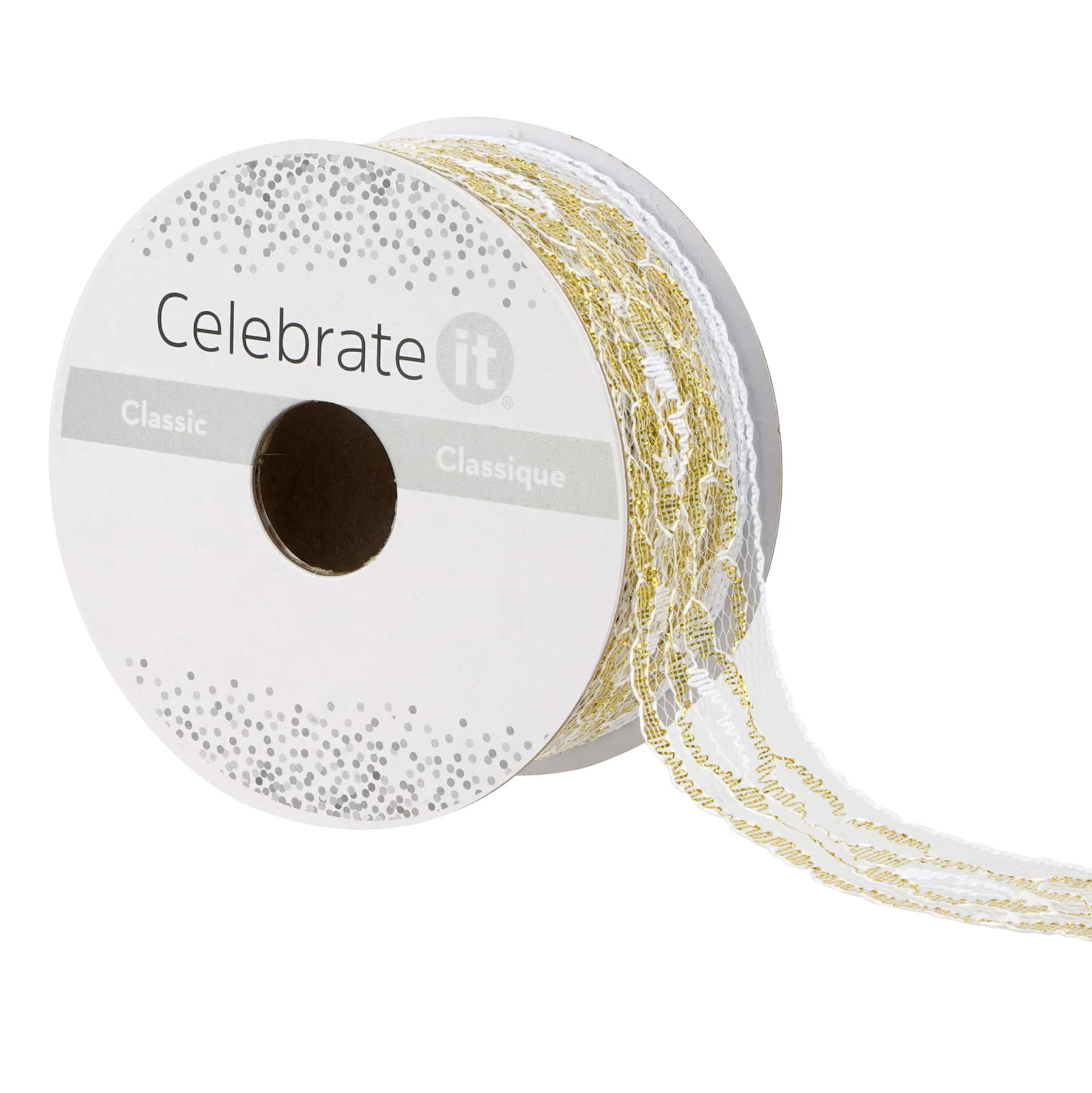1.25'' x 3 yd. White and Gold Lace Trim Ribbon by Celebrate It®