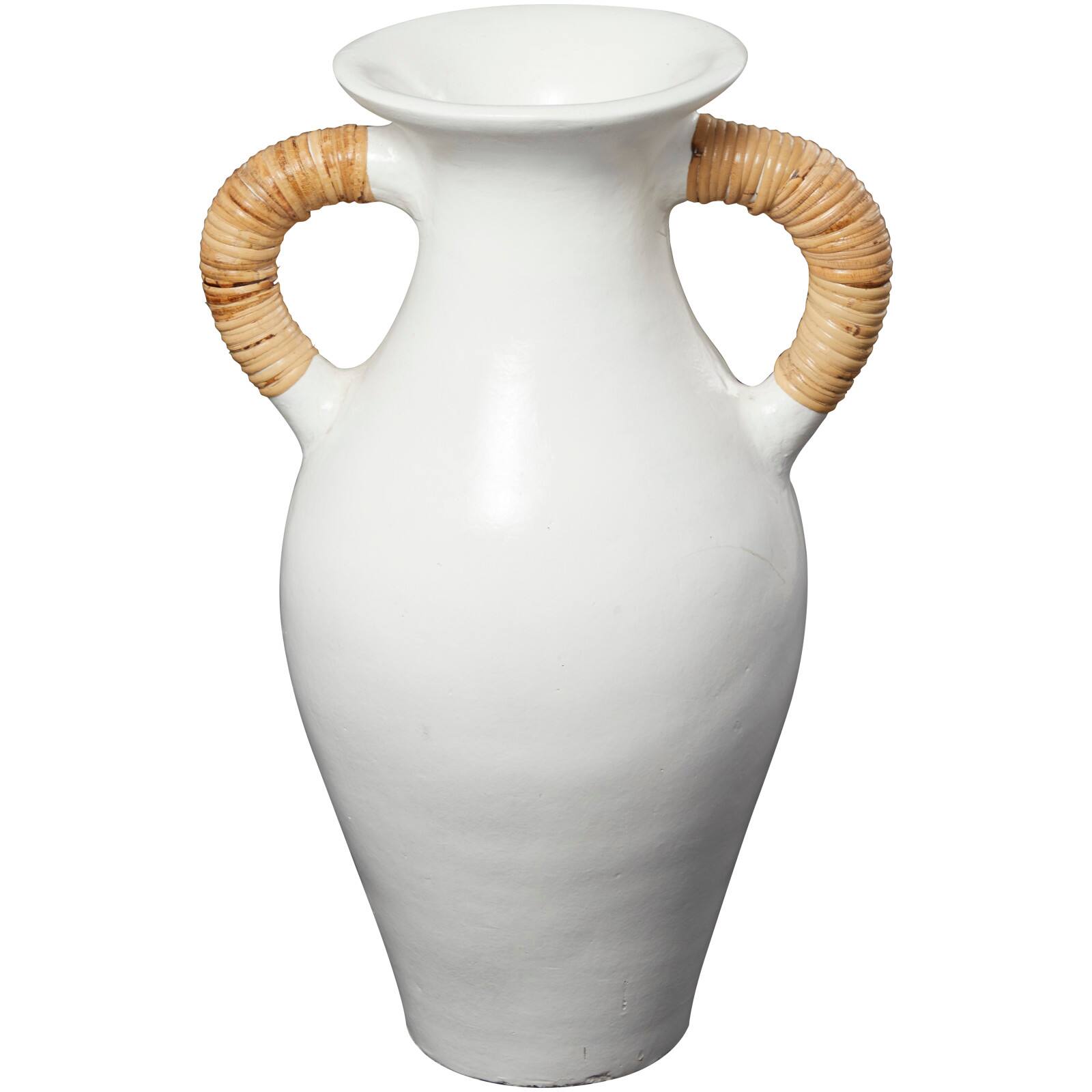21" White Ceramic Jug Vase with Rattan Wrapped Handles