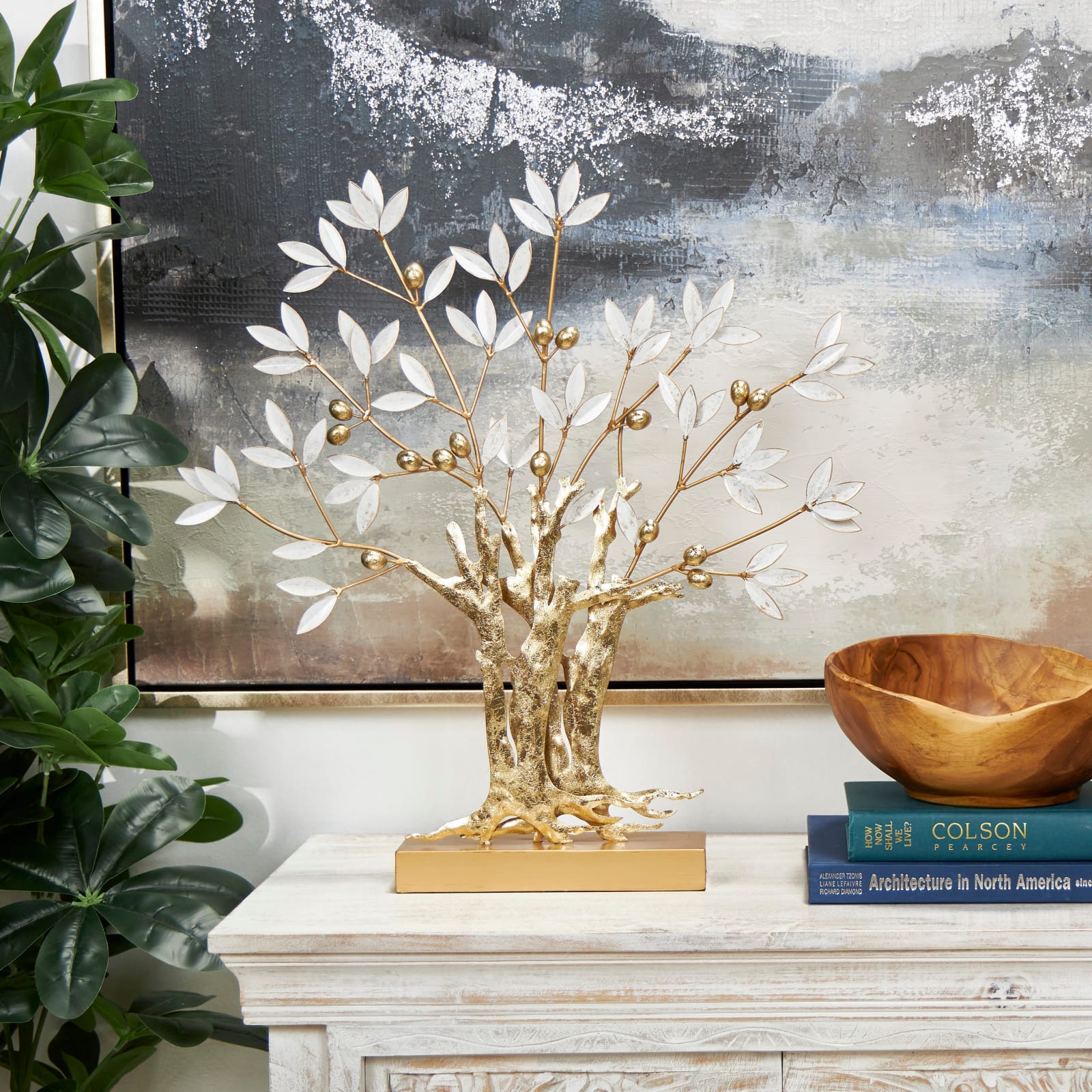 2ft. Gold Metal Tree Sculpture with White Leaves