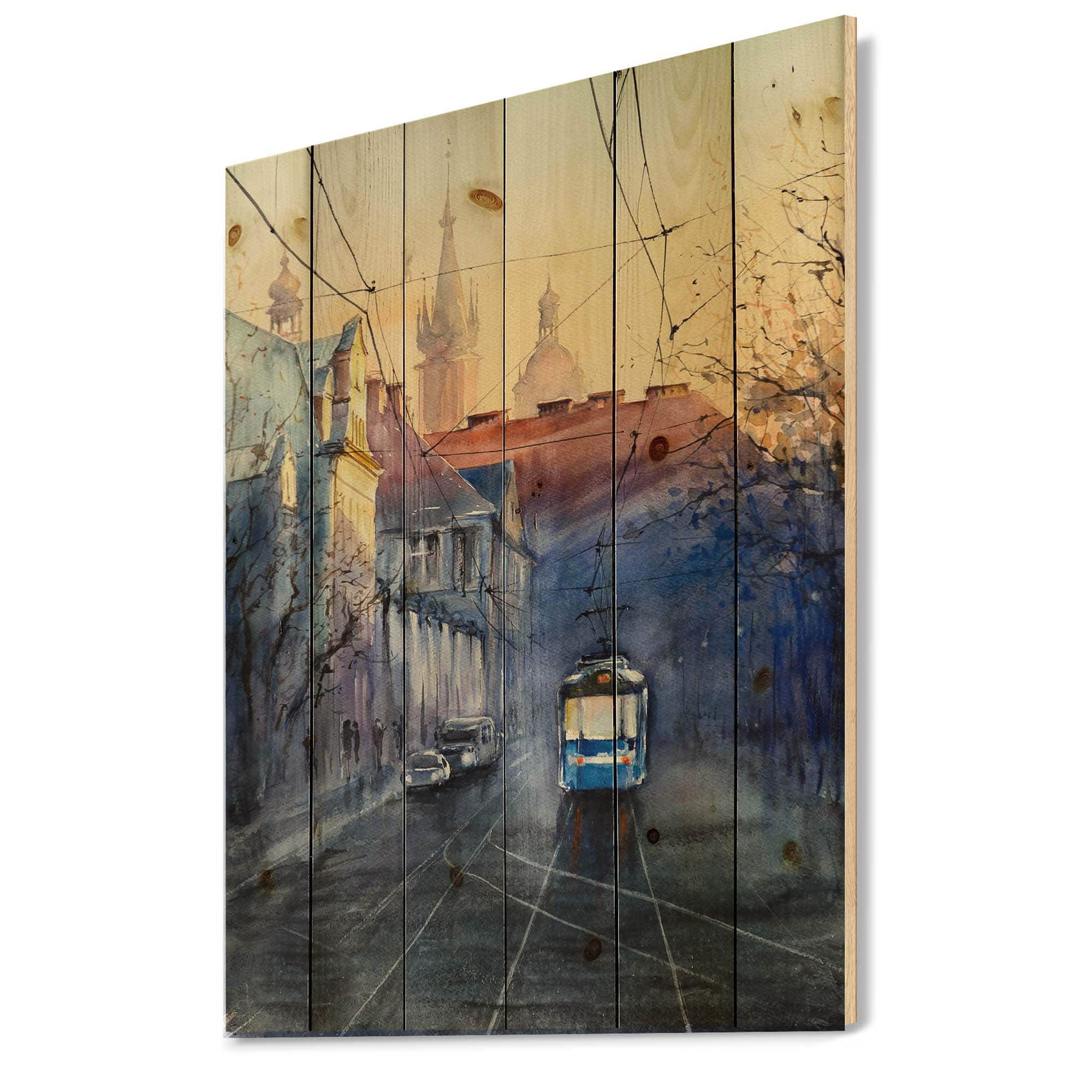 Designart - Blue Tram At Sunset With Church During Sunset - Nautical & Coastal Print on Natural Pine Wood | 25" x 35" | Michaels®