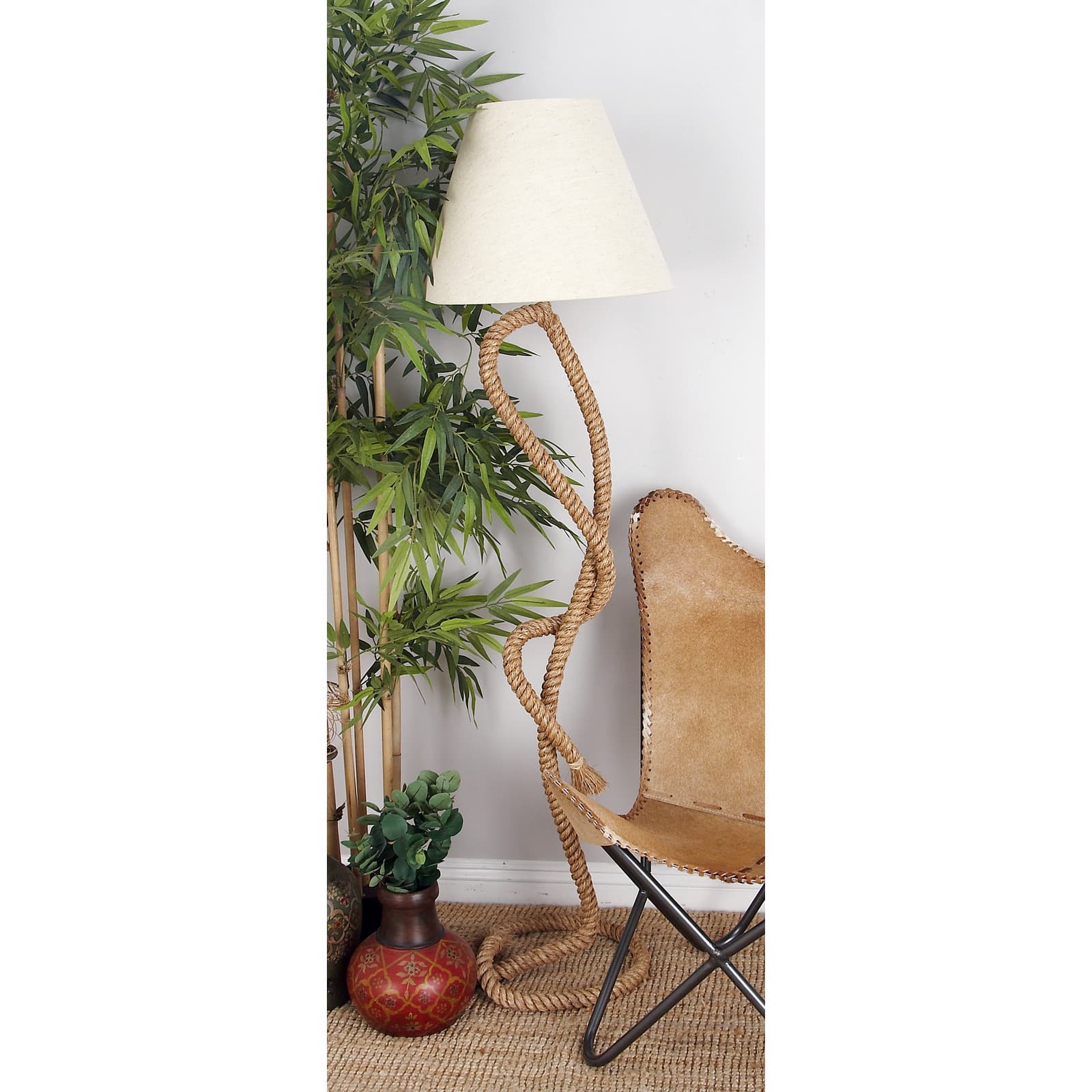 63&#x22; Brown Jute Rope &#x26; Iron Rustic Floor Lamp