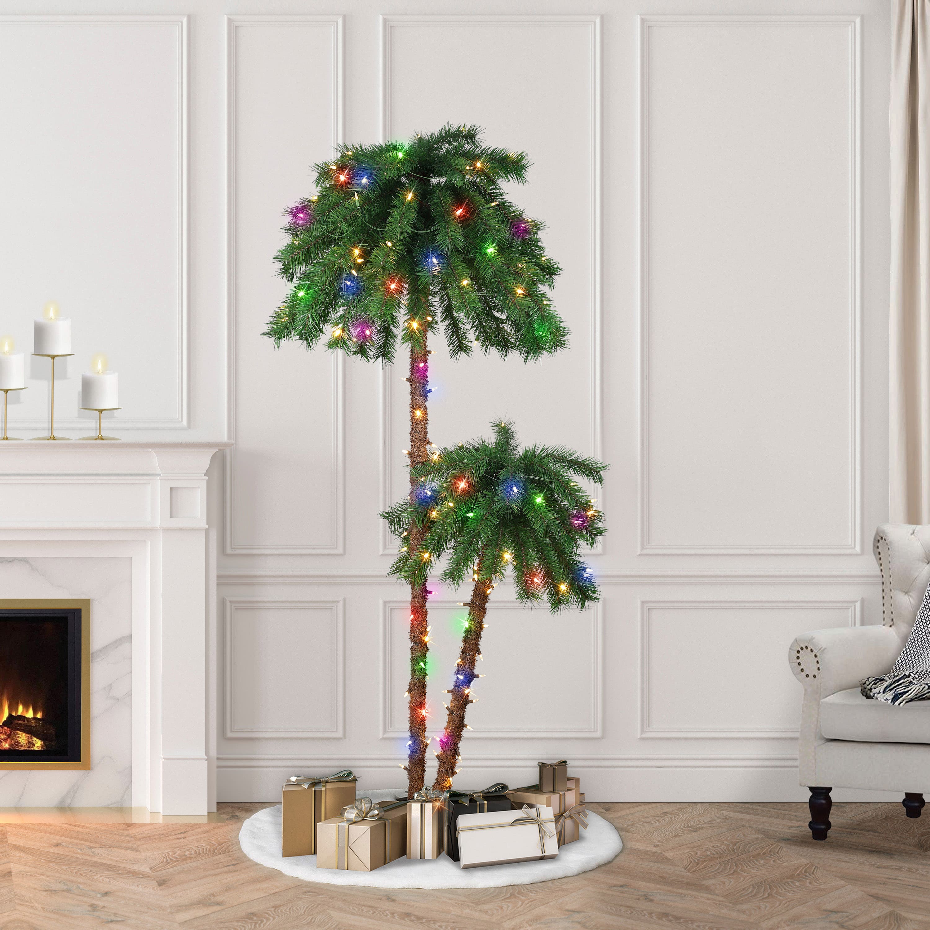 3.5ft. &#x26; 6ft. Pre-Lit Double Trunk Artificial Palm Tree, Multicolor LED Lights