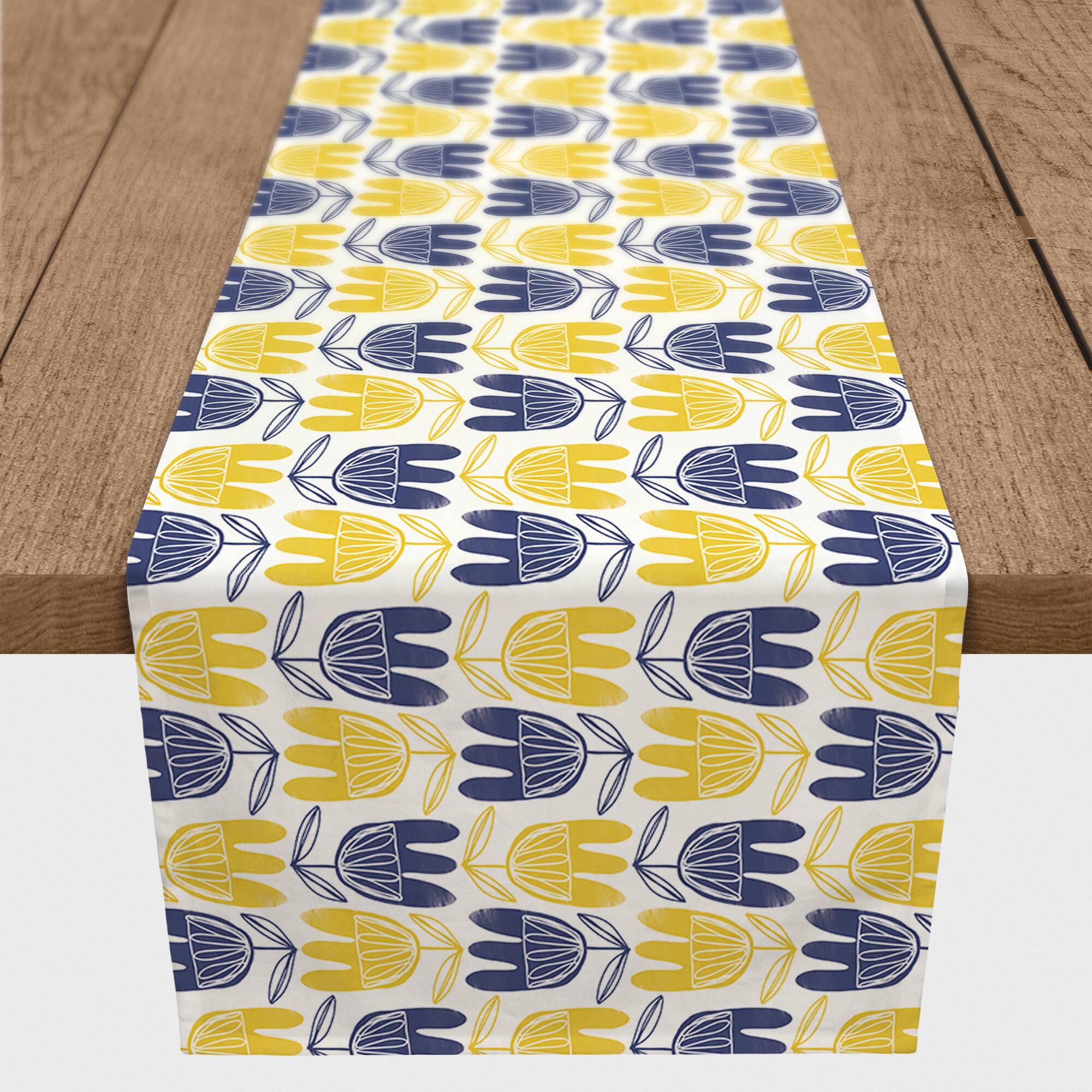 Mid Mod Yellow & Navy Florals Outdoor Table Runner