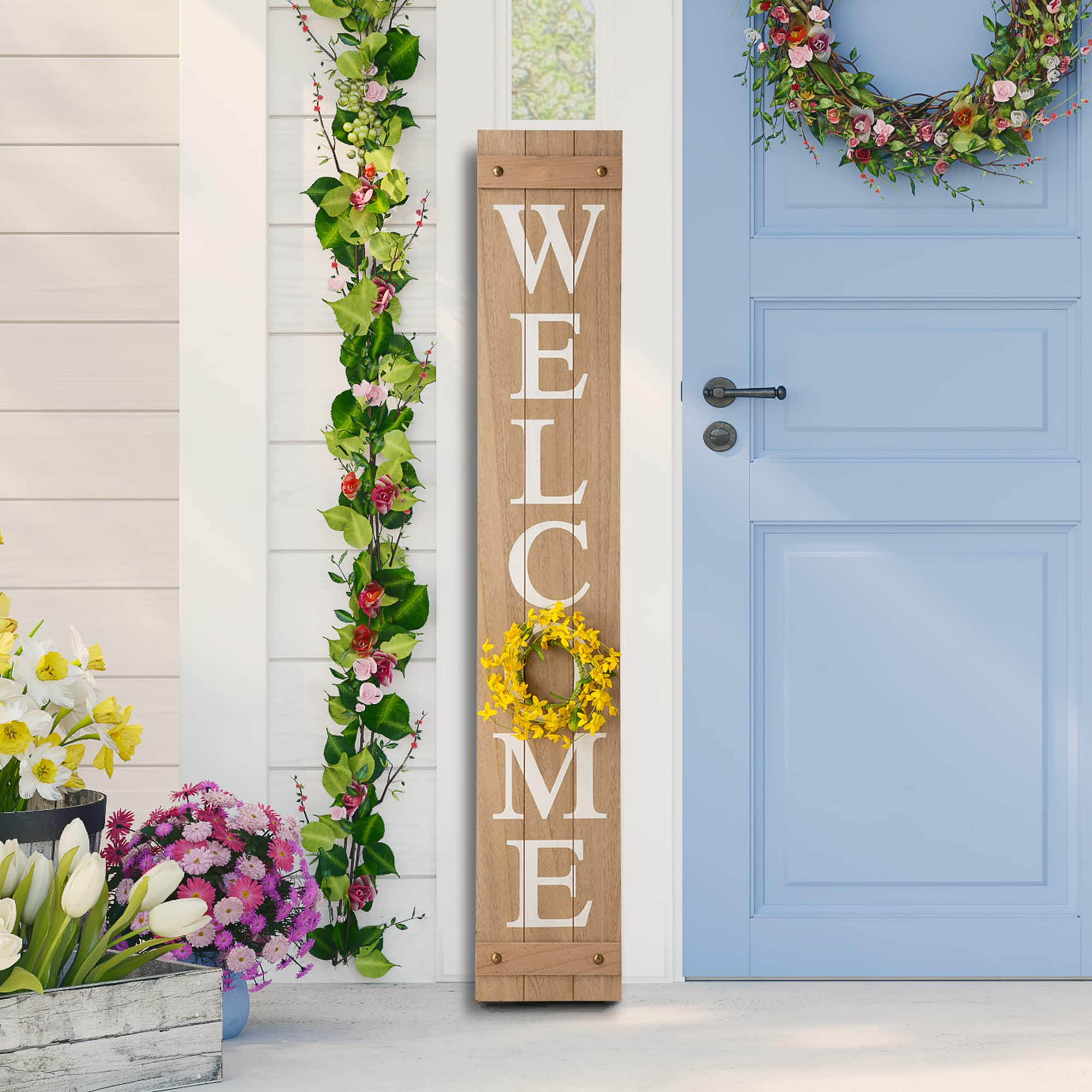 Glitzhome&#xAE; 5ft. Brown Welcome Wood Porch Sign with 4 Changeable Wreaths