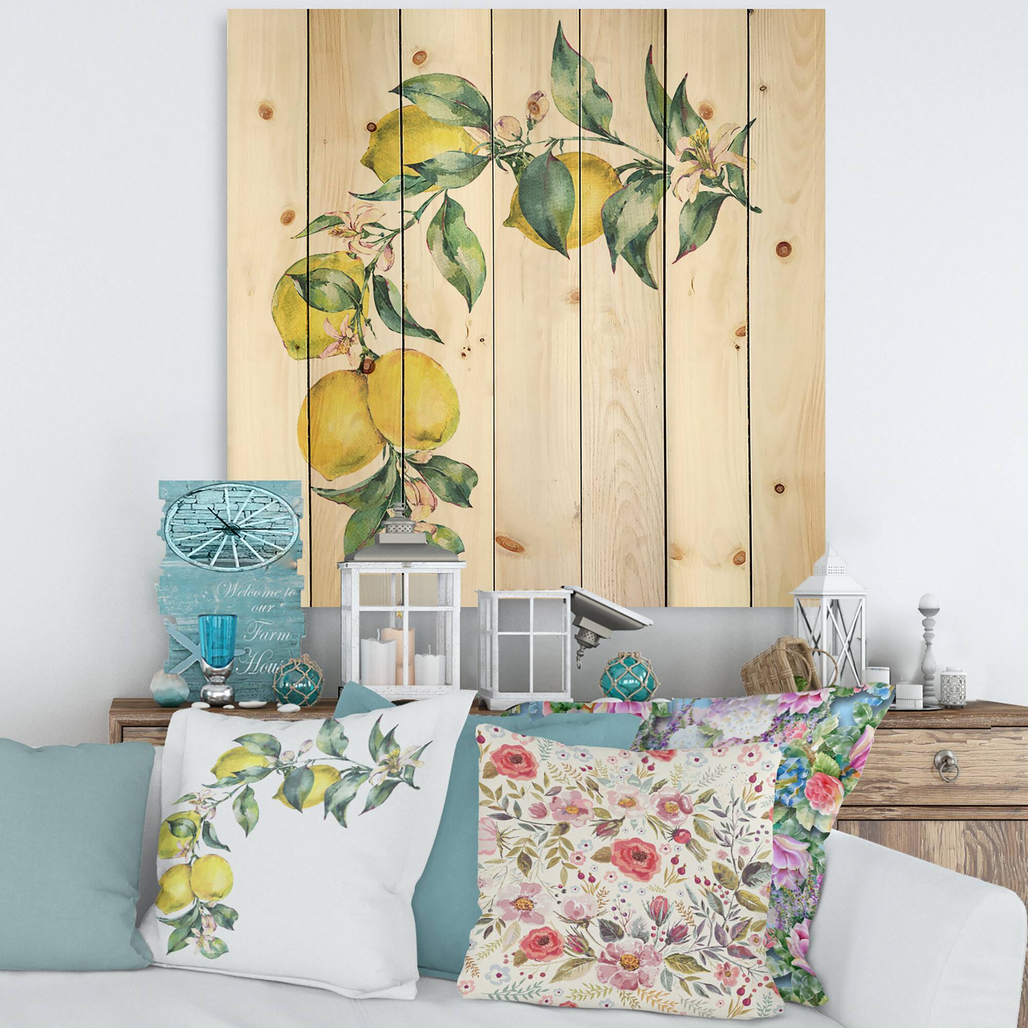 Designart - Branch of Yellow Lemons and Leaves II - Tropical Print on Natural Pine Wood