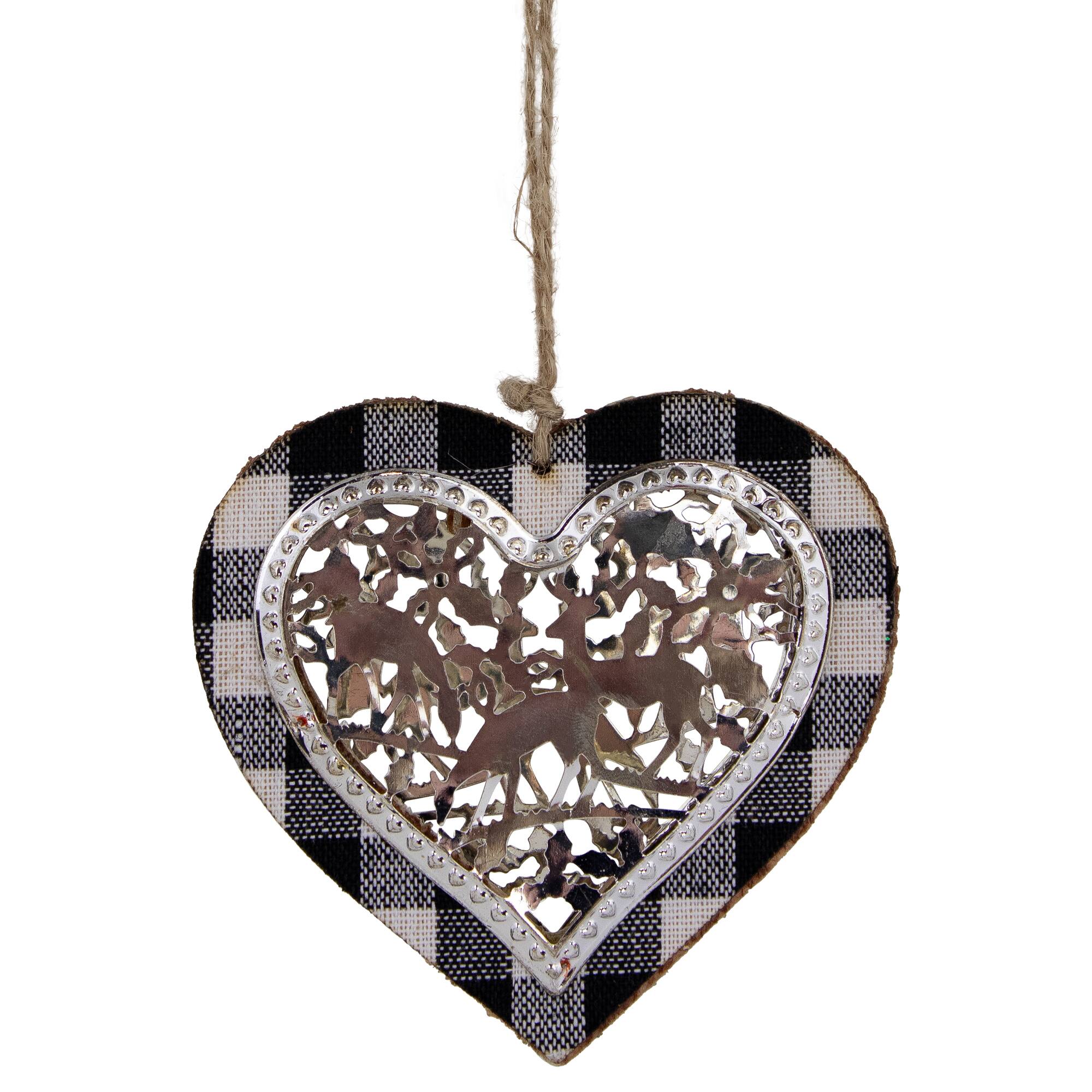 4.25&#x22; Black and White Buffalo Plaid Heart with Reindeer Christmas Ornament