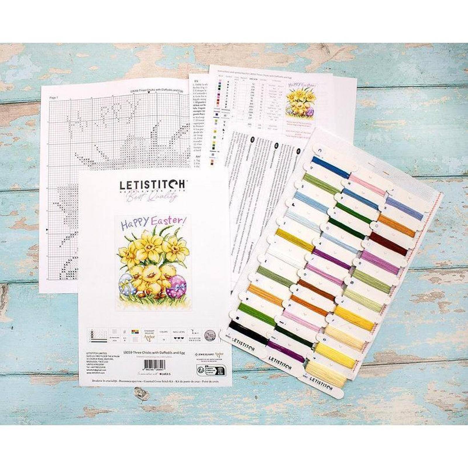 LetiStitch Three Chicks with Daffodils & Egg Counted Cross Stitch Kit