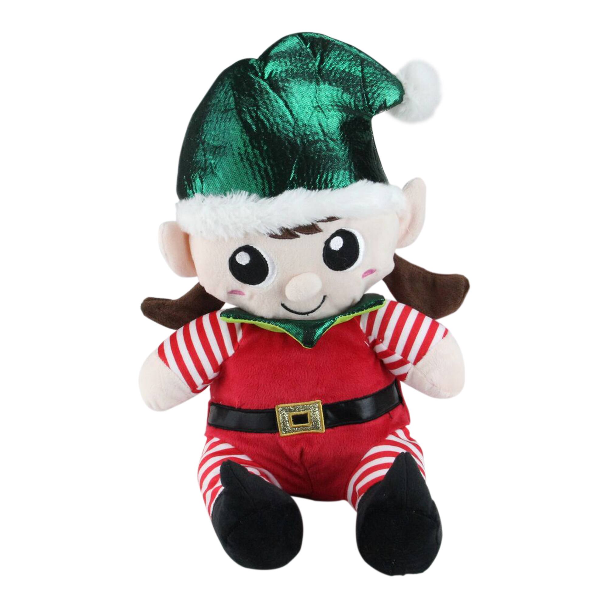 13&#x22; Red Plush Sitting Boy &#x26; Girl Christmas Elf Figure Set