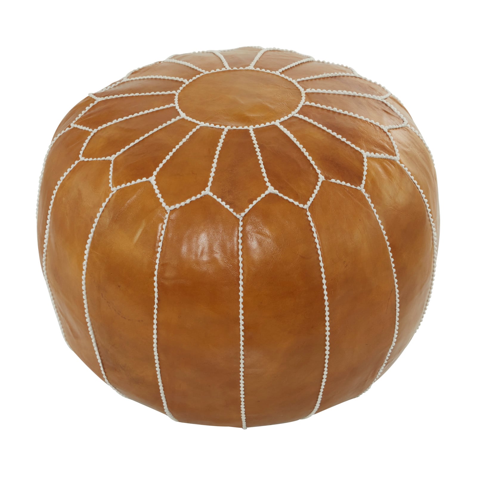 Light Brown Leather Bohemian Pouf, 24" x 24" x 18"