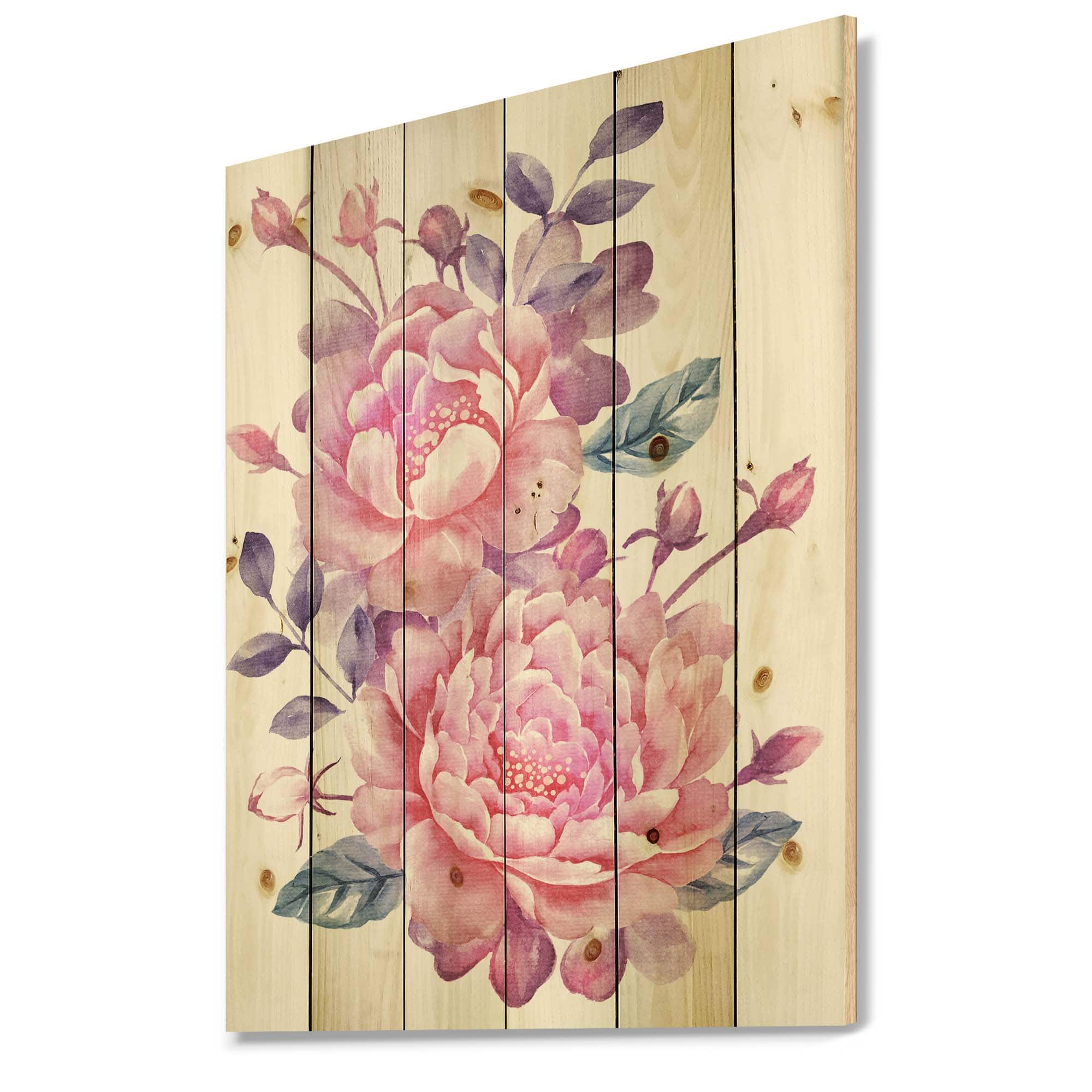 Designart - Pink Retro Flowers With Blue Leaves - Traditional Print on Natural Pine Wood