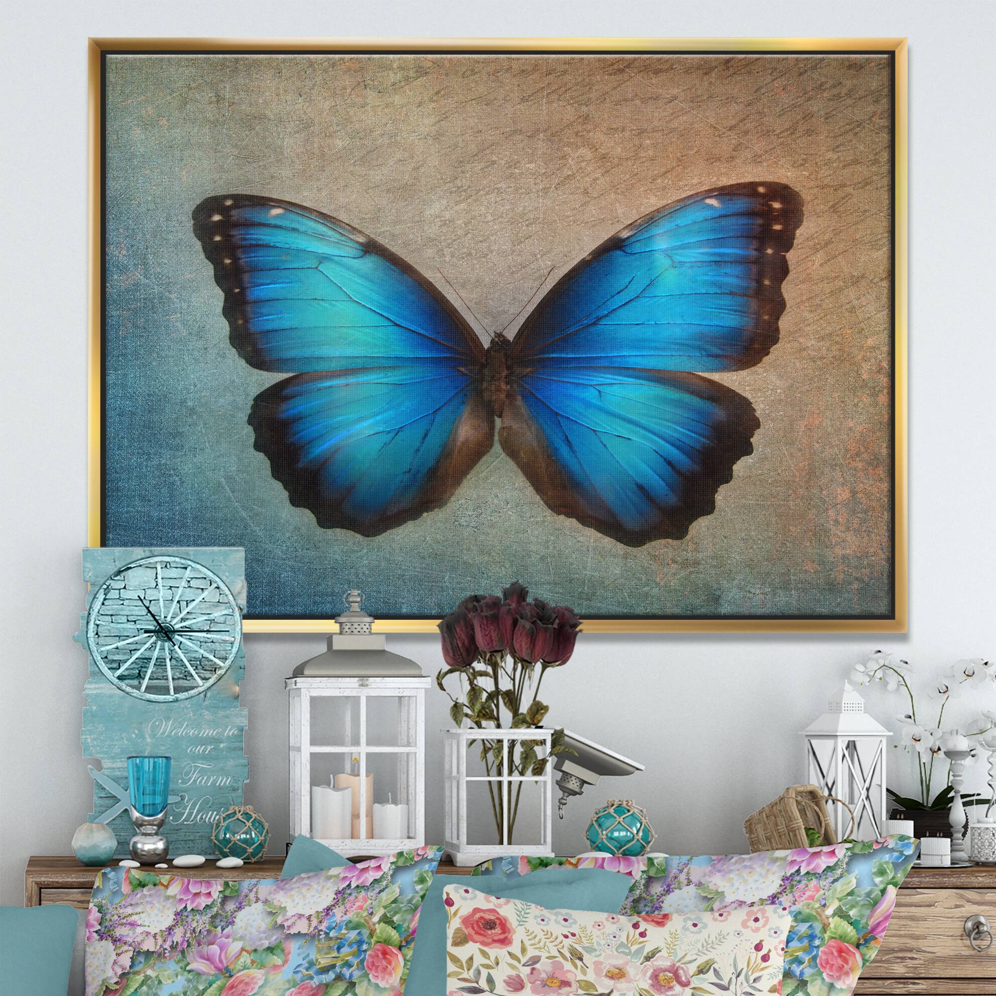 Designart - Blue Vintage Butterfly - Floral Art Framed Canvas Print