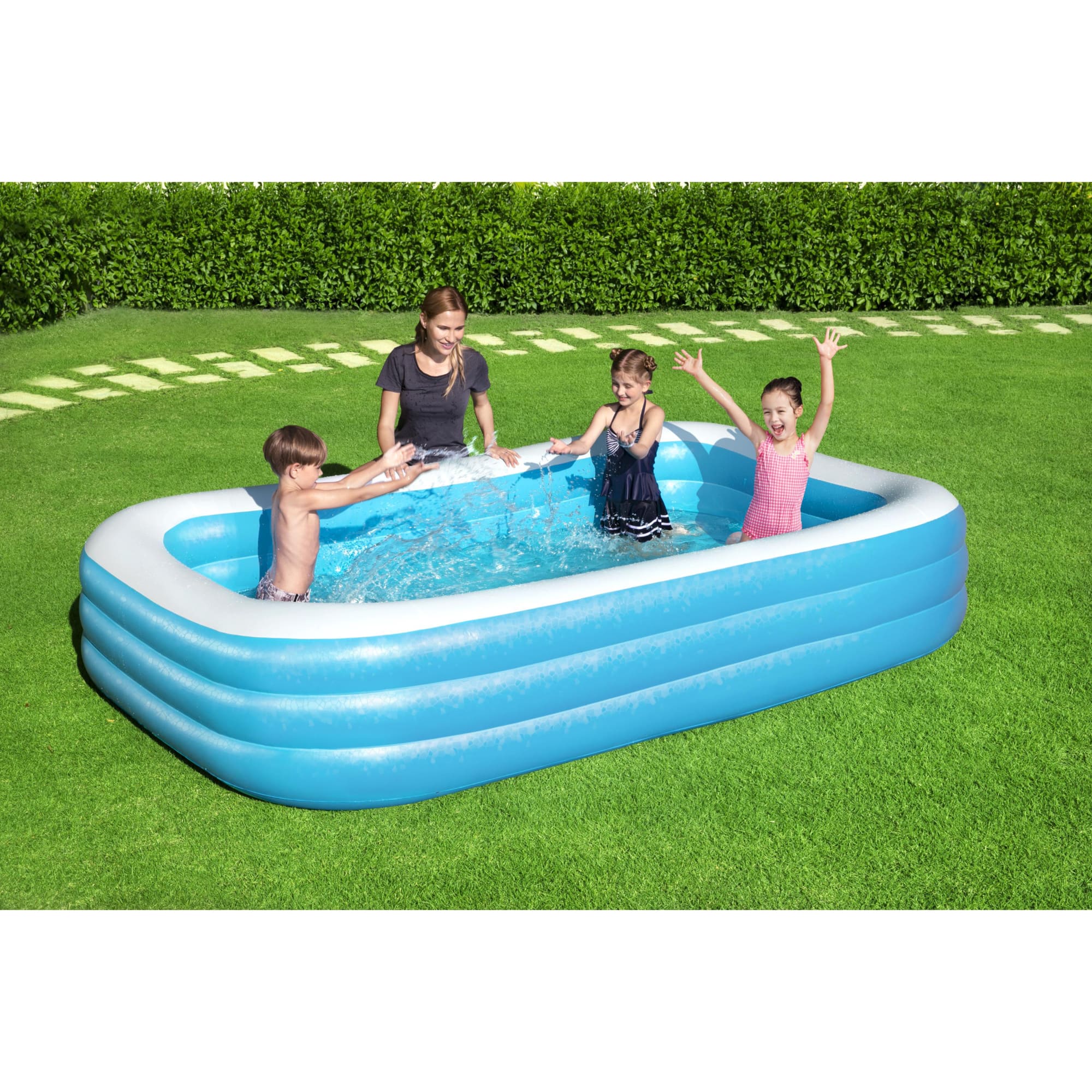 Inflatable Family Kid Pool Vinyl Wall Drain Plug Rectangular 10 Ft Long Safe Fun 