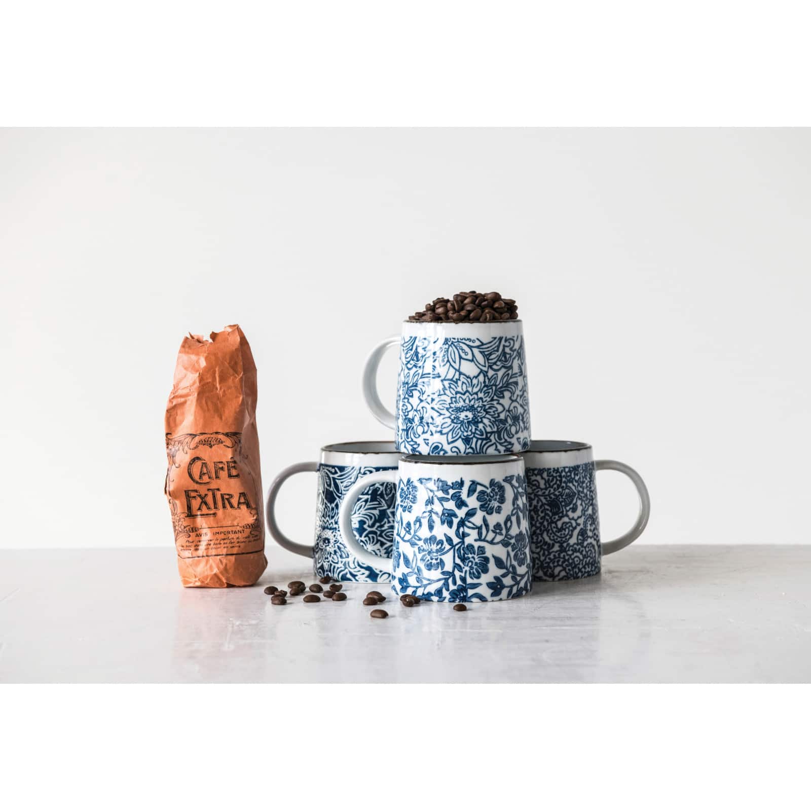 Hello Honey® Blue & White Hand-Stamped Stoneware Mug with Gold Rim Set