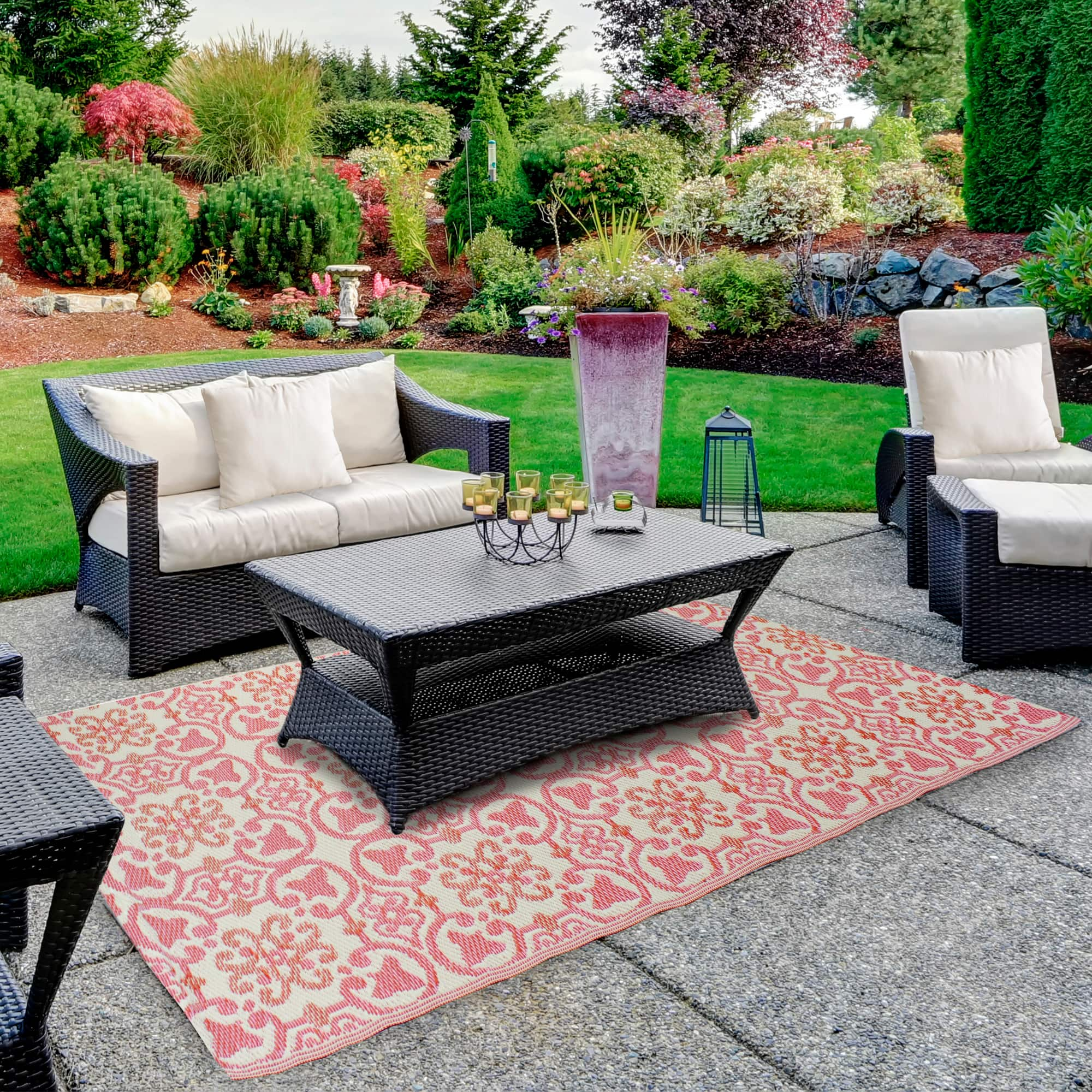 Pink &#x26; Cream Floral Design Rectangular Outdoor Area Rug, 4ft. x 6ft.