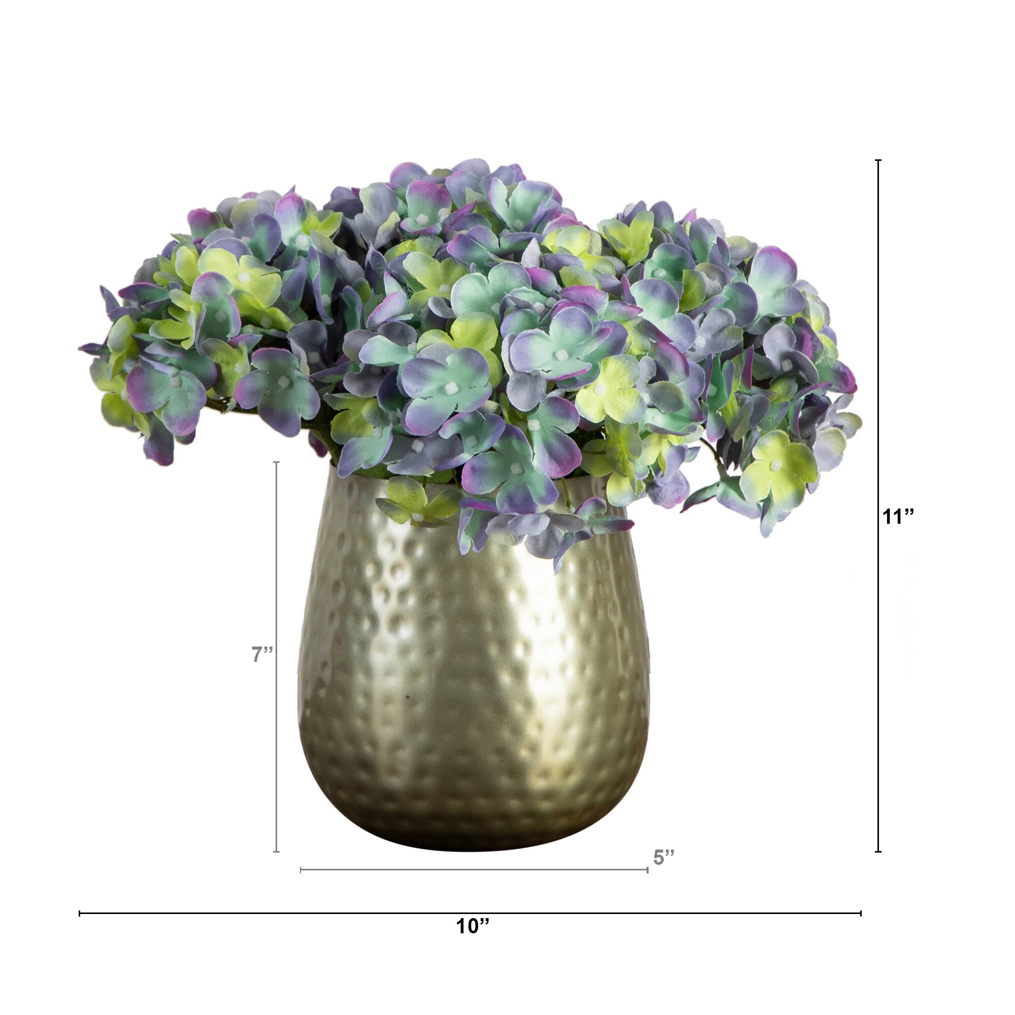 11" Hydrangea Arrangement in Gold Metal Vase