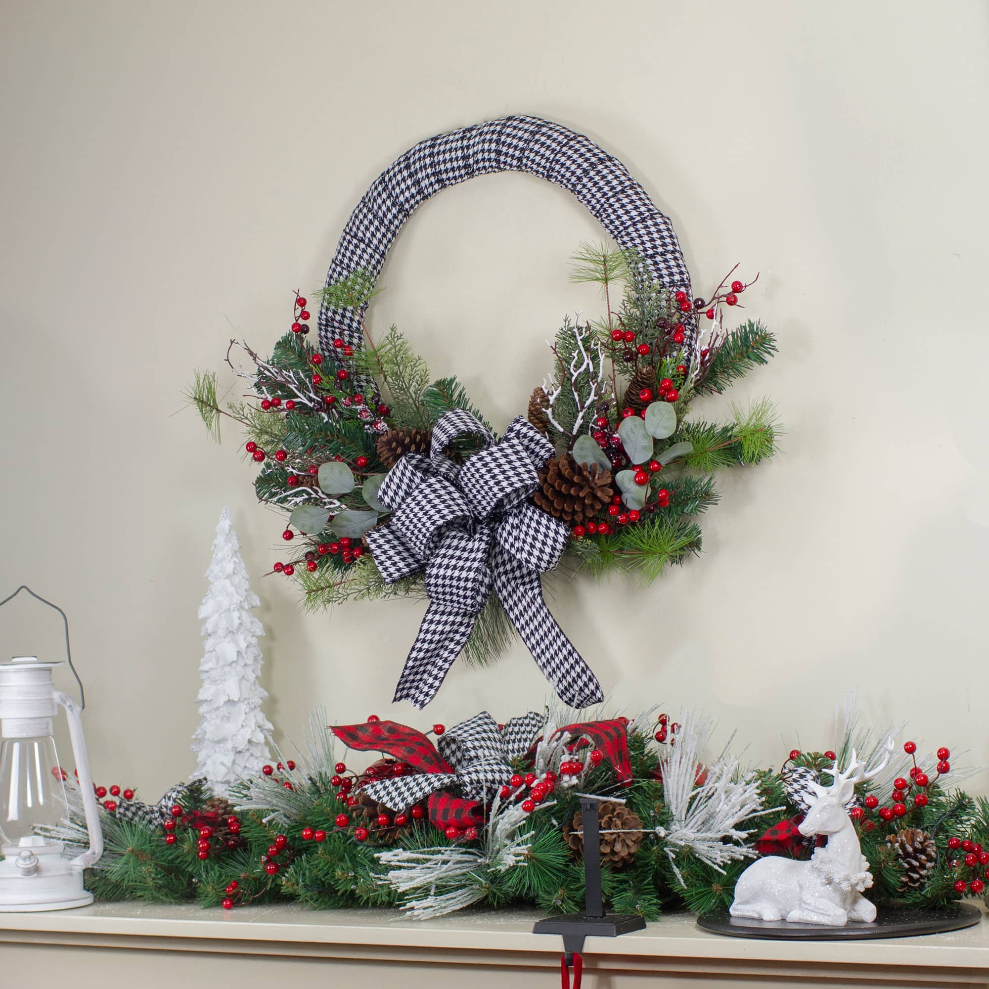 24" Black & White Houndstooth, Pine & Berry Wreath