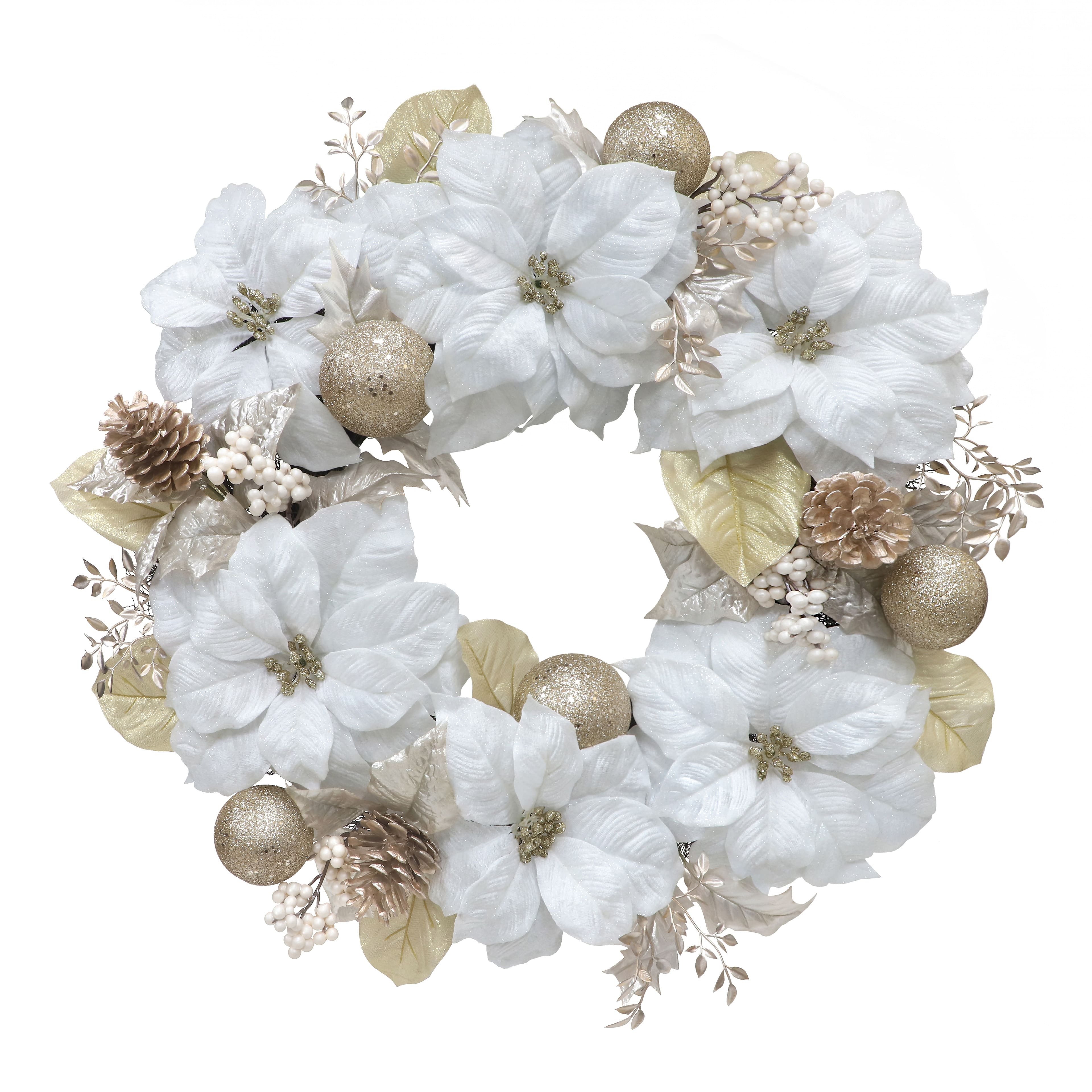 26&#x22; White &#x26; Gold Poinsettia, Berry &#x26; Ornament Wreath by Ashland&#xAE;