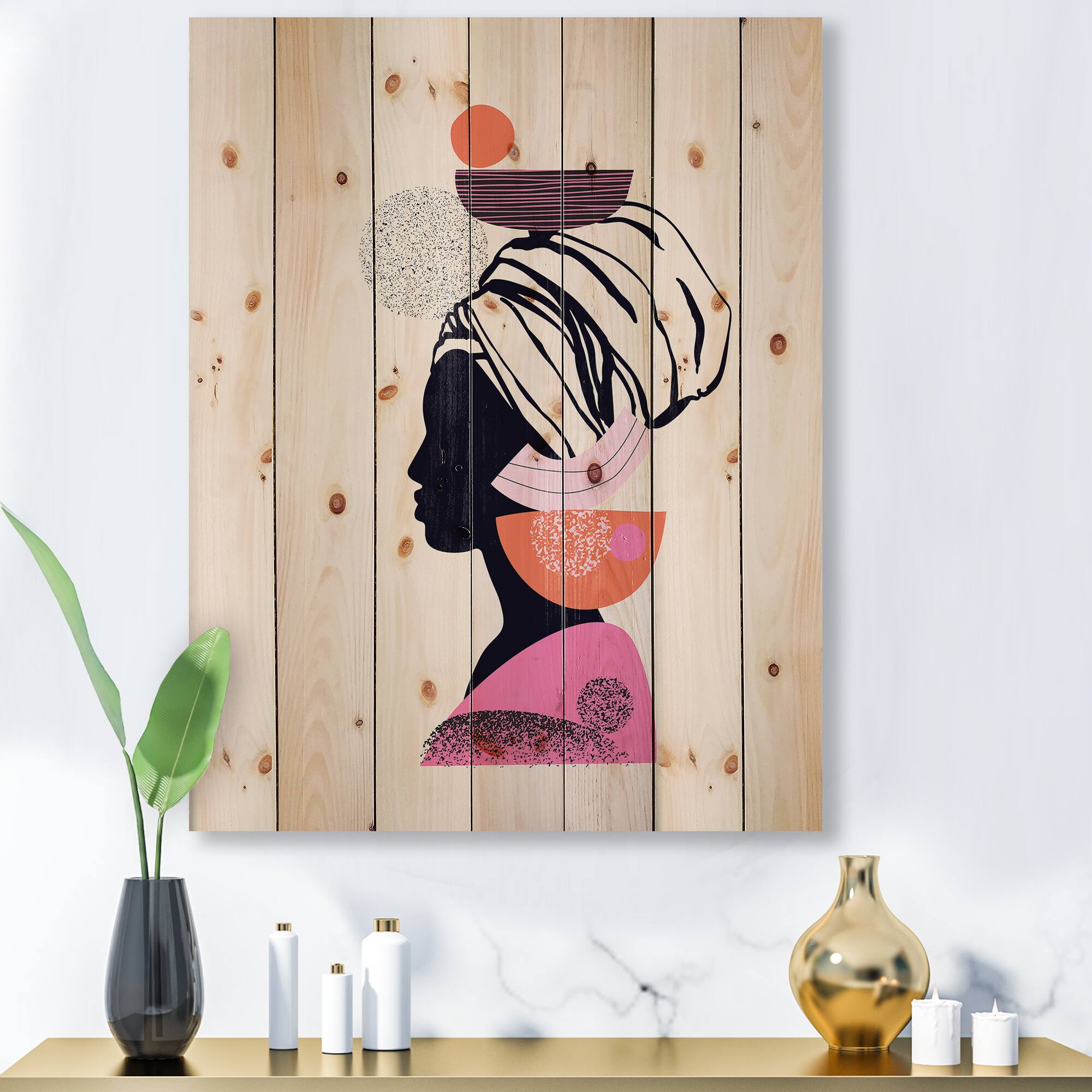 Designart - Ethnic Portrait of Afro American Woman - Modern Print on Natural Pine Wood