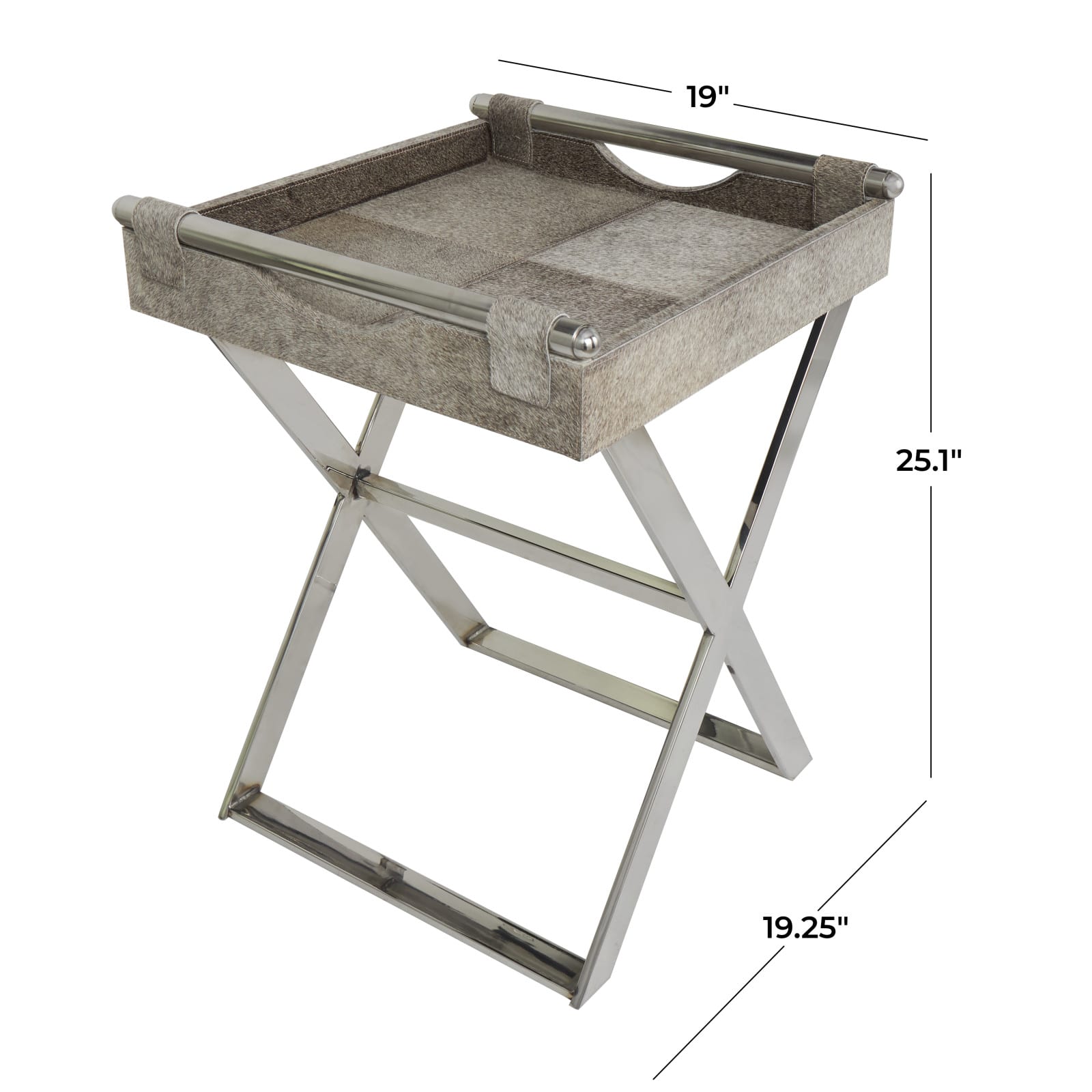 25" Gray Leather Geometric Accent Table with Silver Metal Base