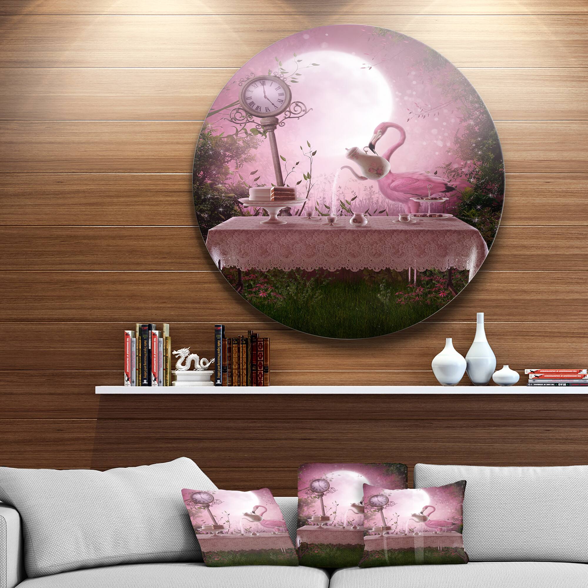 Designart - Fantasy Garden with a Flamingo&#x27; Landscape Metal Circle Wall Art