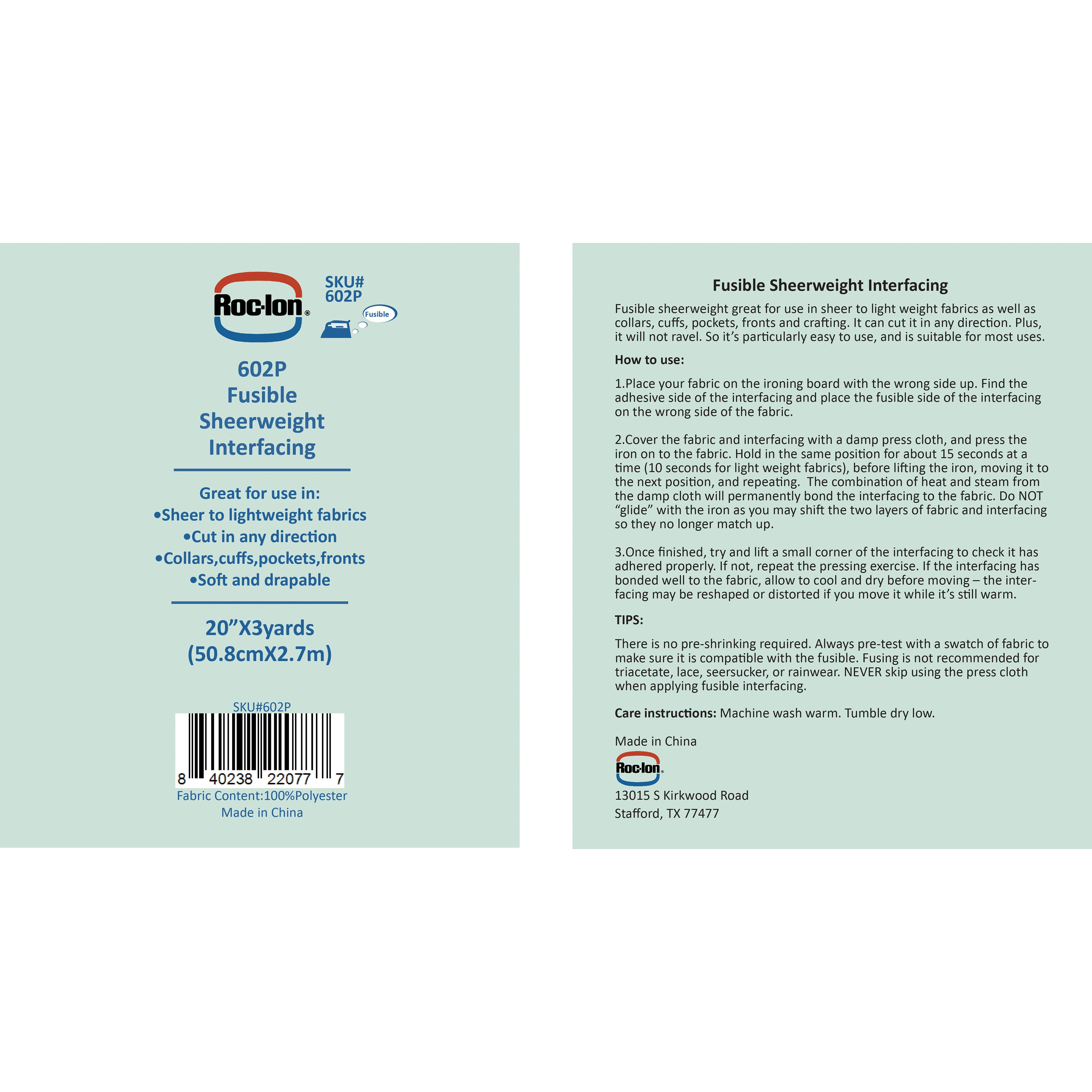 Roc-Lon 20" x 3yd. Fusible Sheerweight Polyester Interfacing