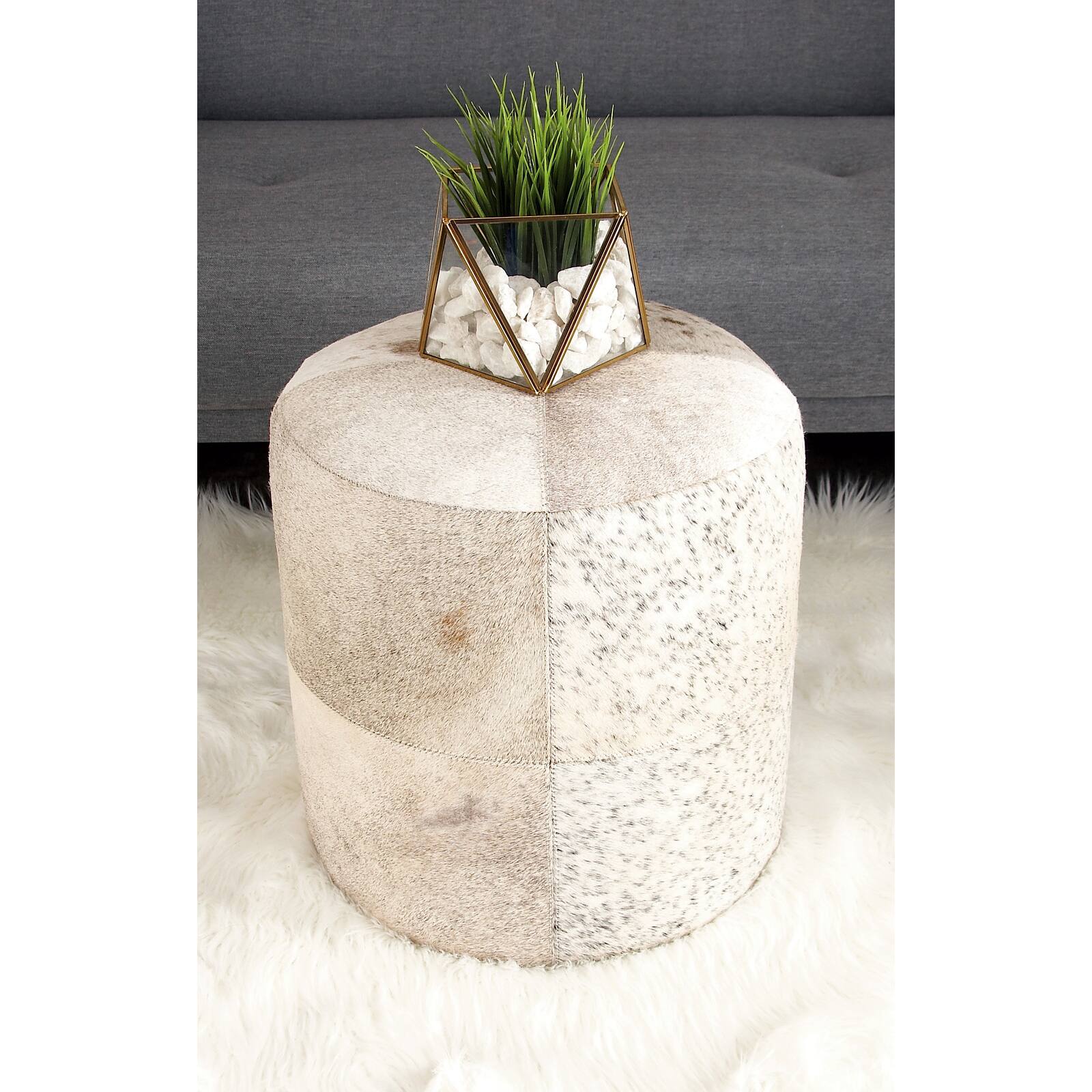 16&#x22; Gray Leather &#x26; Wood Glam Ottoman
