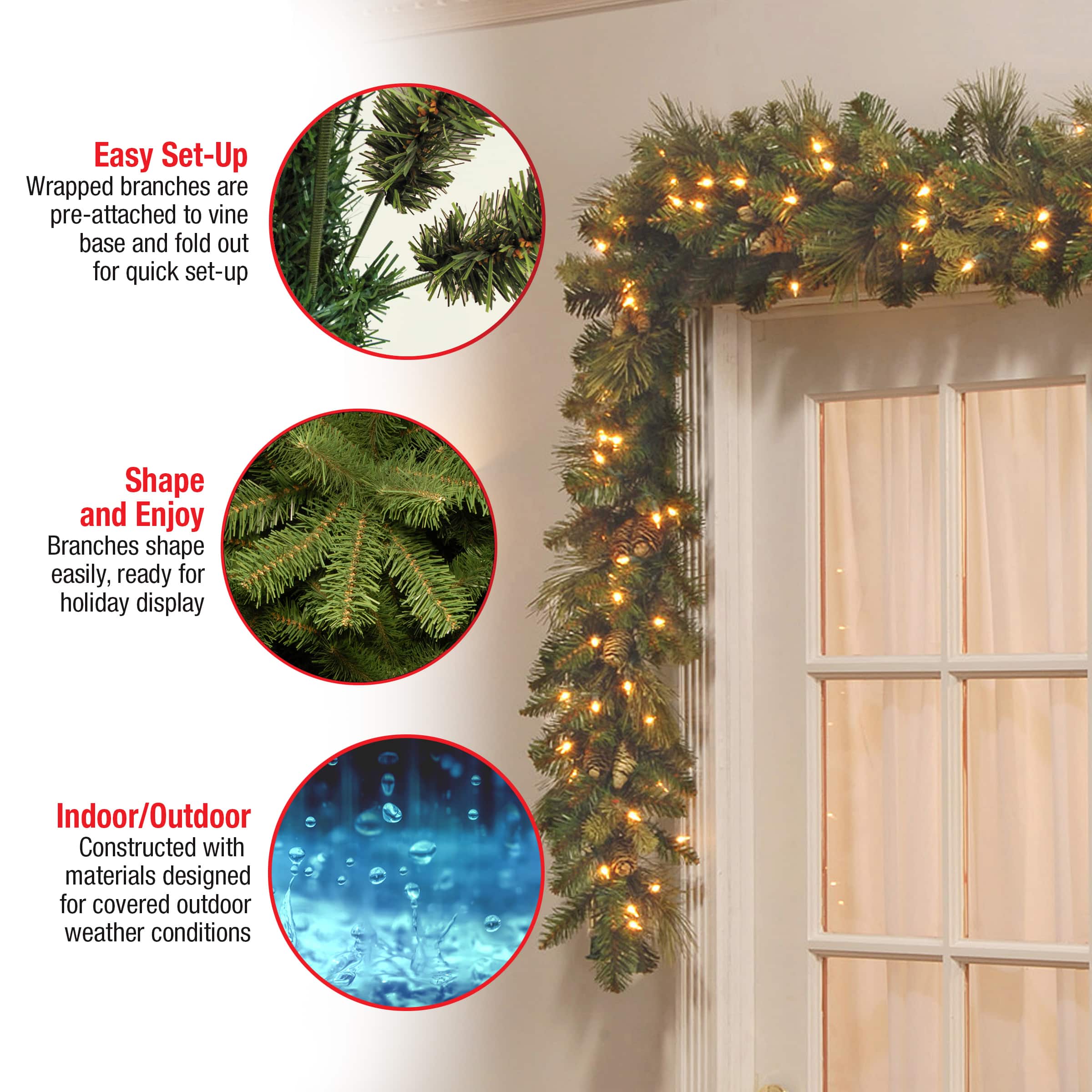 9' x 10" Pre-lit Carolina Pine Artificial Christmas Garland with 27 Flocked Cones and 100 Clear Lights