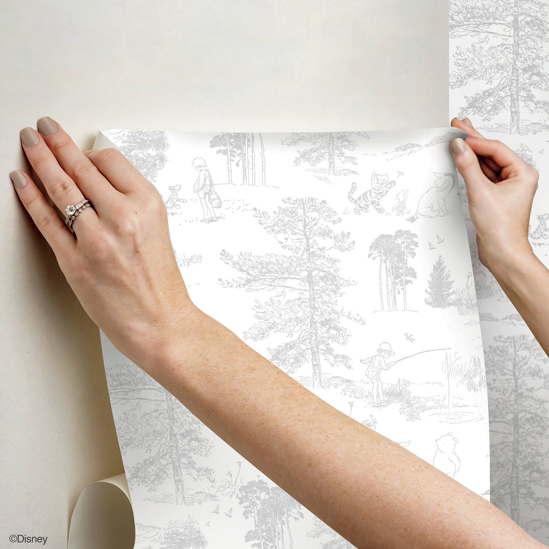 RoomMates Winnie The Pooh Gray Toile Peel &#x26; Stick Wallpaper