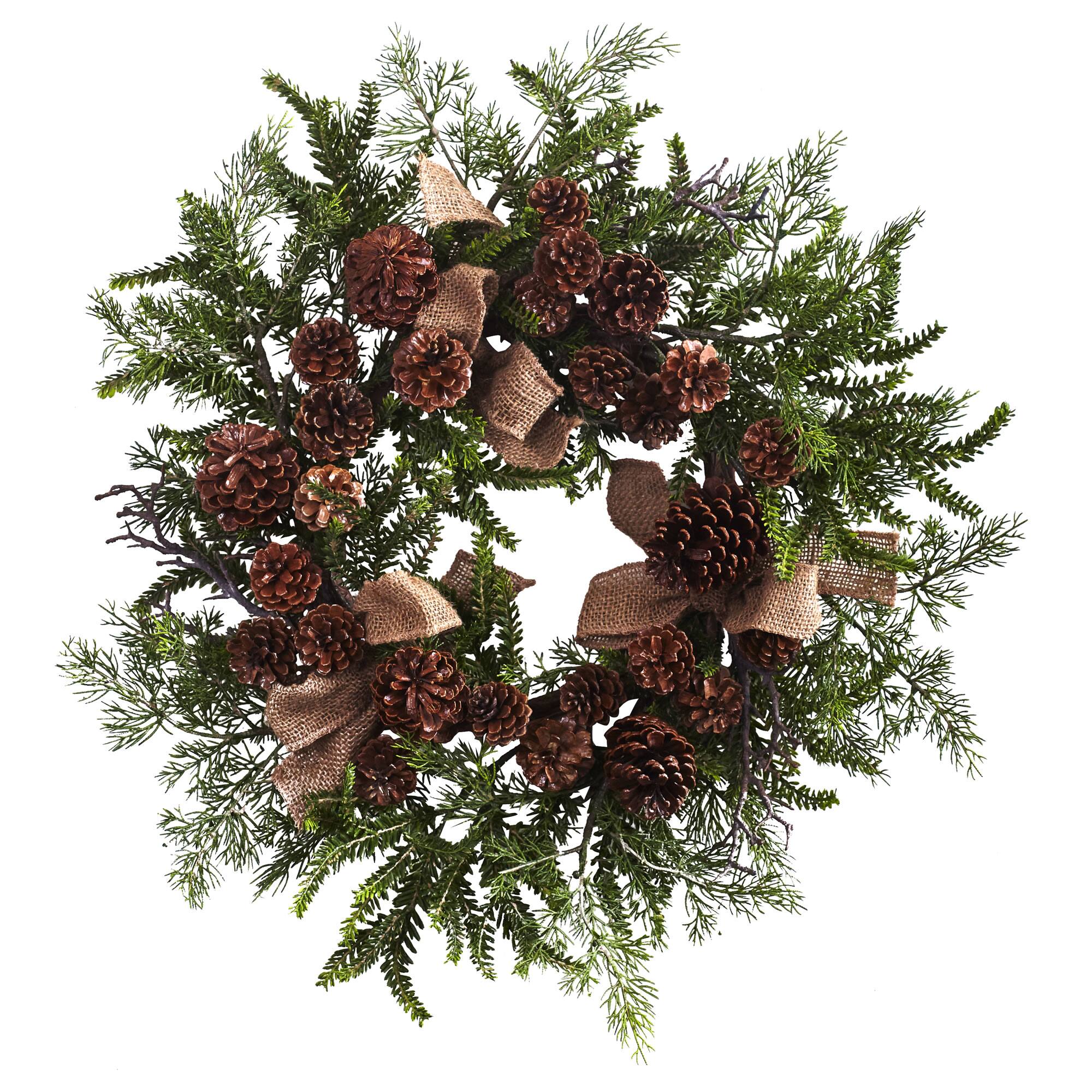 24" Pine & Pinecone Wreath with Burlap Bows