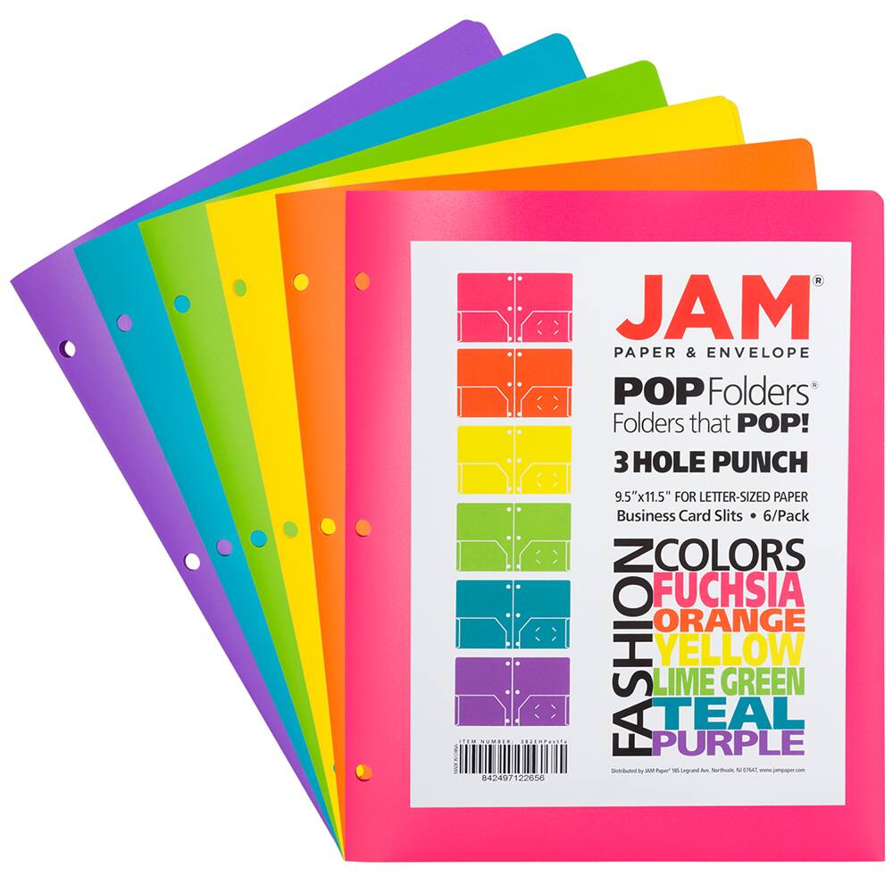 JAM Paper 9.5&#x22; x 11.5&#x22; Assorted Fashion Colors Plastic 2 Pocket School POP Folders, 6ct.