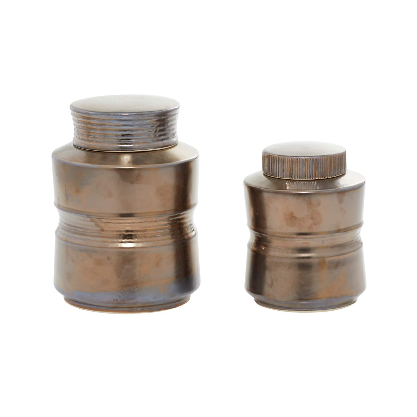 Set of 2&#x22; Bronze Ceramic Contemporary Decorative Jars, 9&#x22;, 7&#x22;