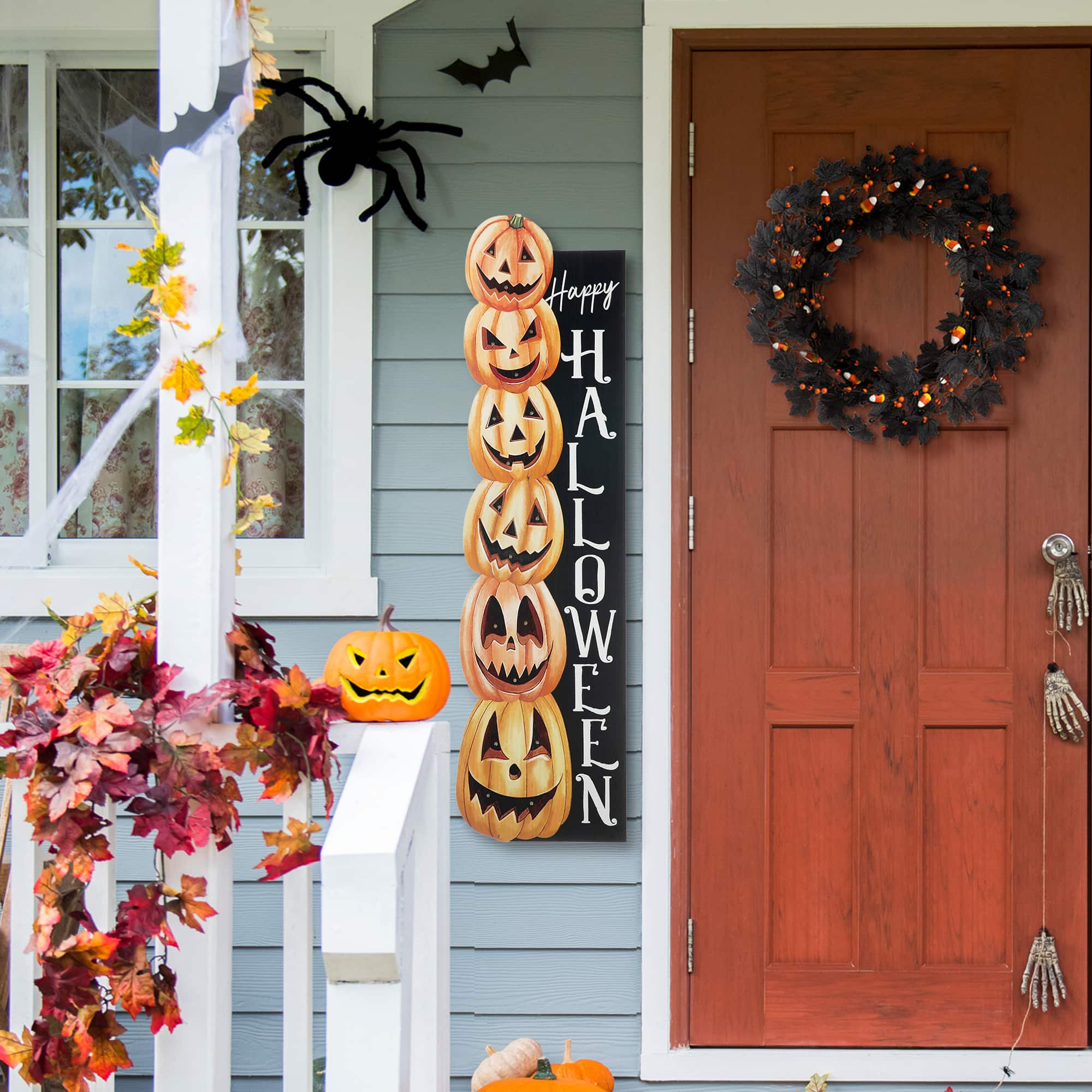 Glitzhome&#xAE; 42&#x22; Lighted Halloween Wooden Stacked Pumpkins Porch Sign with Timer