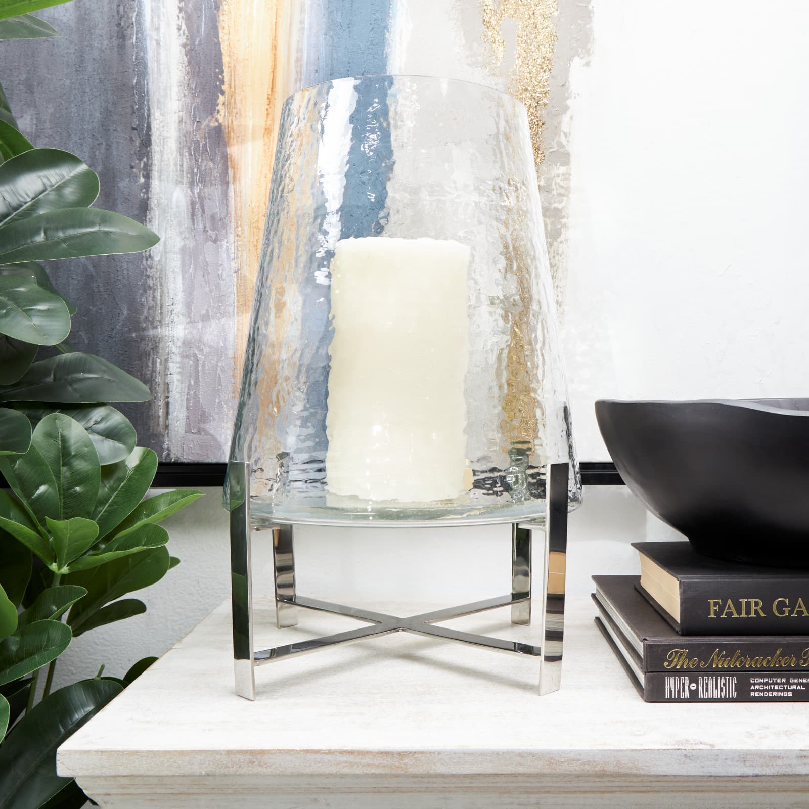 16&#x22; Clear Glass &#x26; Stainless Steel Hurricane Candle Holder