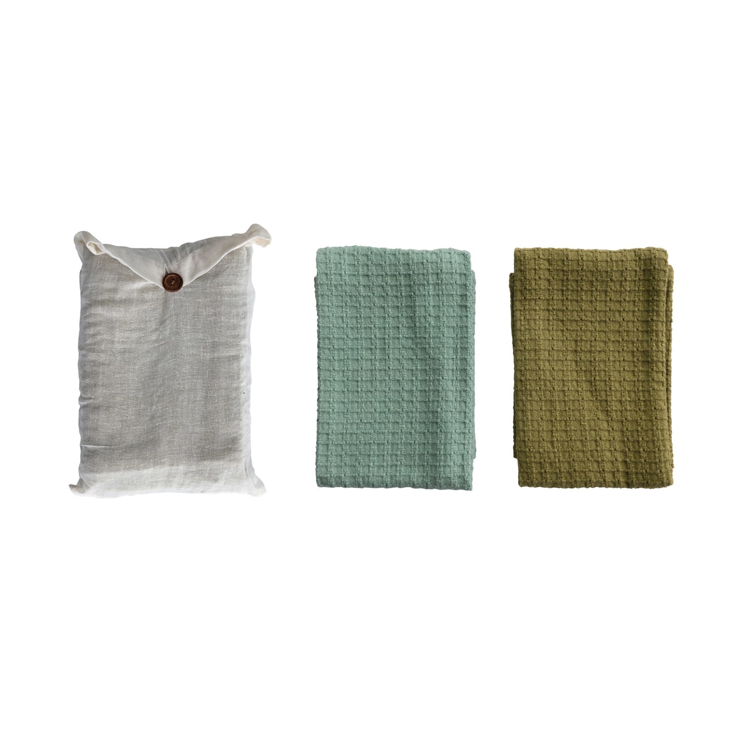 Teal &#x26; Olive Cotton Waffle Weave Tea Towel Set in Bag