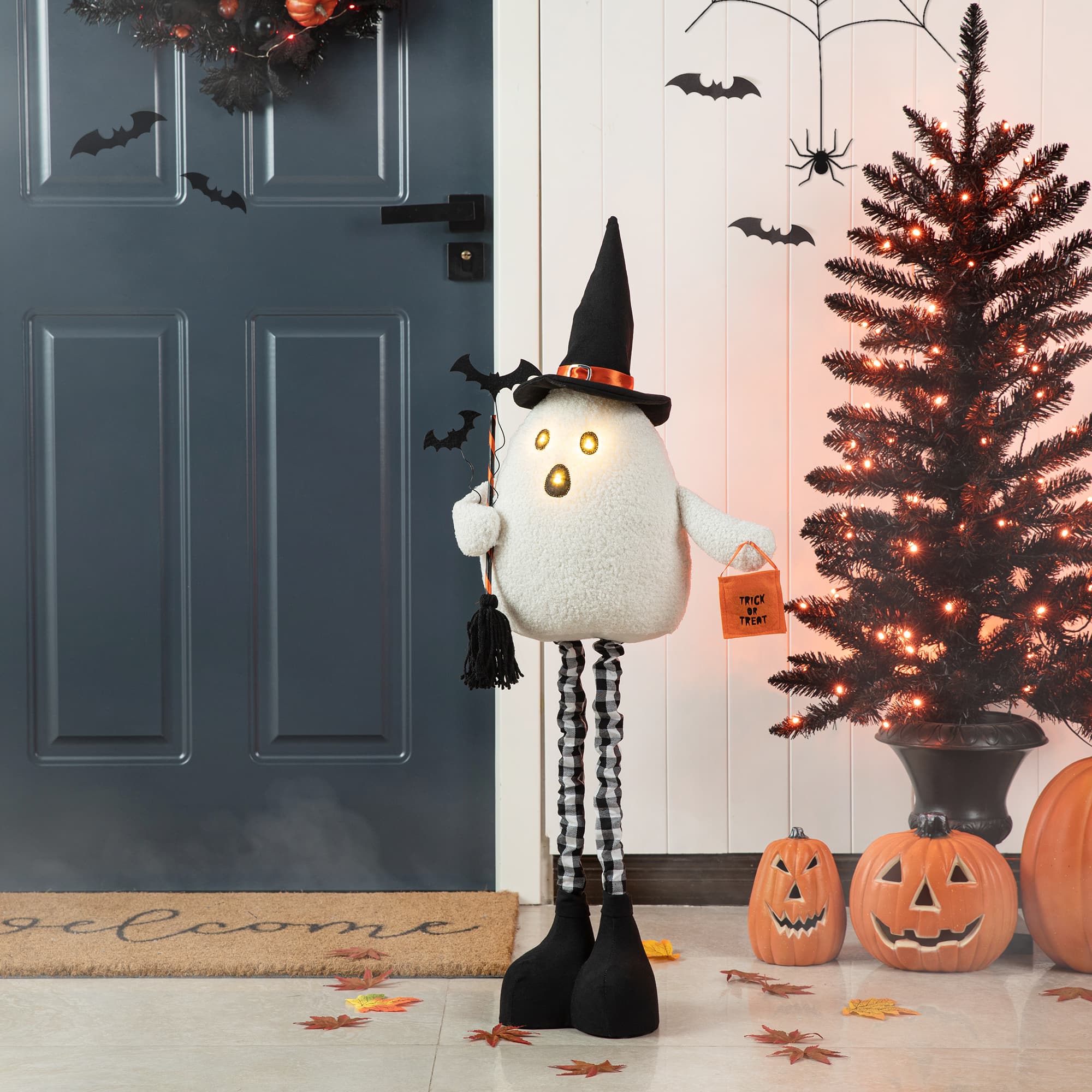 Glitzhome&#xAE; 38&#x22; Lighted Halloween Fabric Ghost Standing D&#xE9;cor with Timer