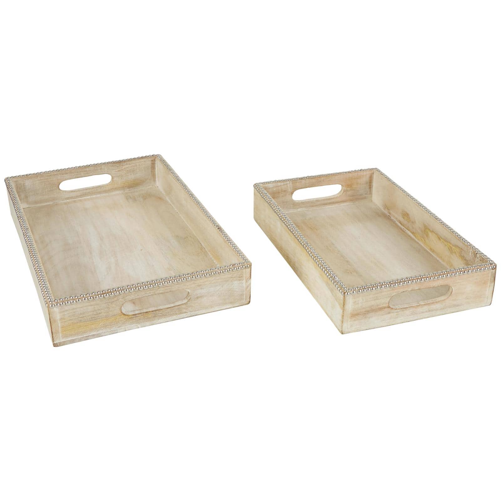 Light Brown Mango Wood Trays with Silver Beaded Rim, 2ct.