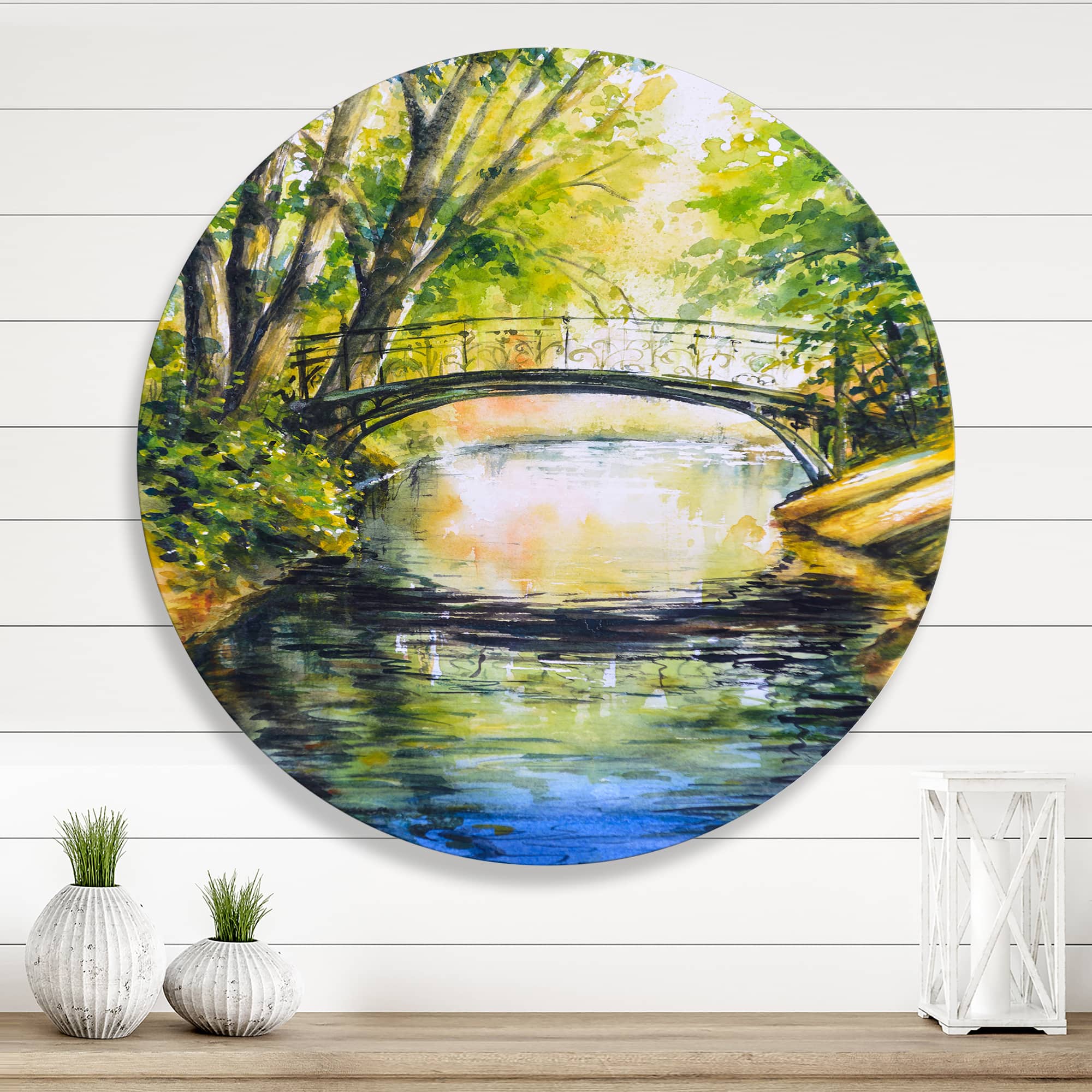 Designart - Bridge Over Troubled Water In Forest Park - Lake House Metal Circle Wall Art