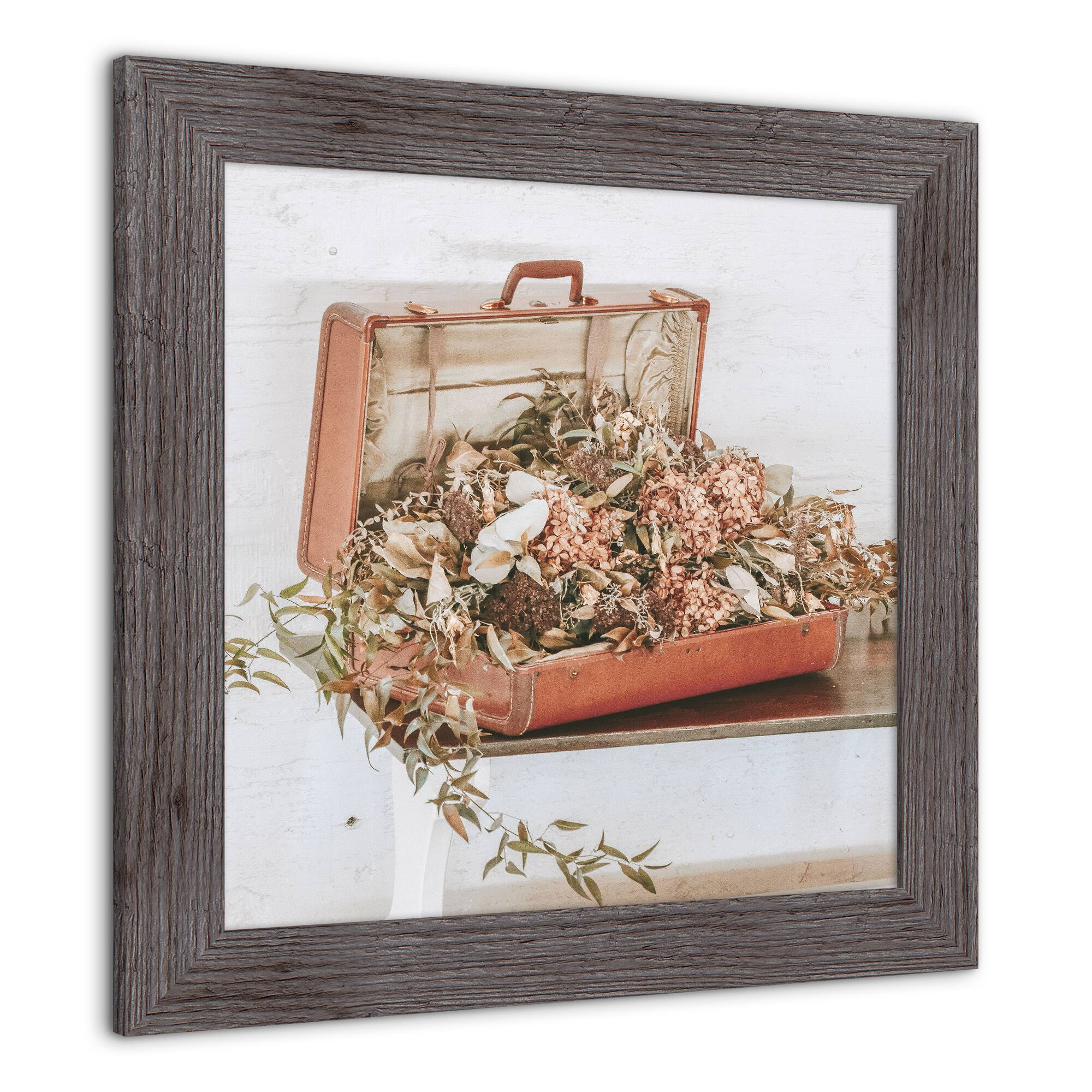 Suitcase Hydrangeas 16" x 16" Western Gray Framed Print