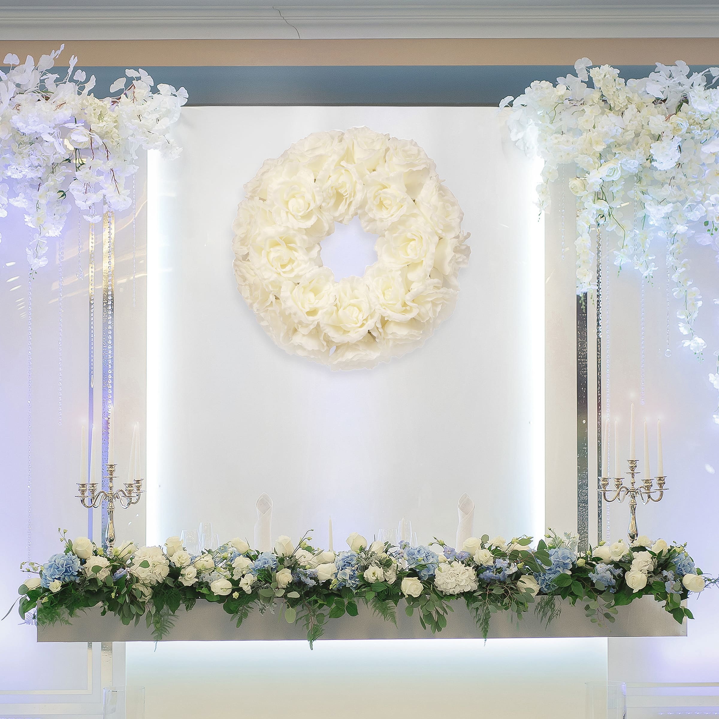 17" White Rose Wreath