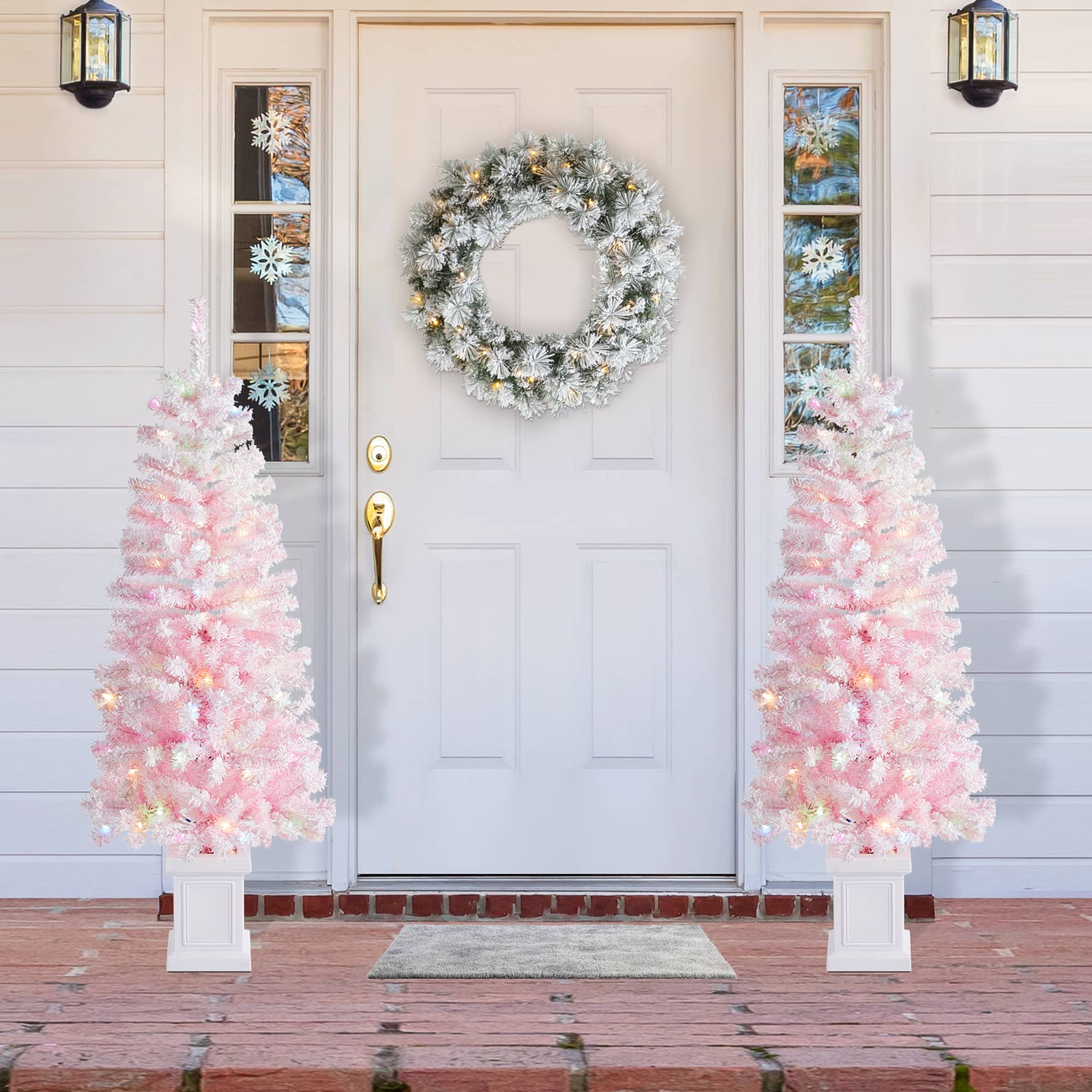 Glitzhome&#xAE; 5ft Pre-Lit Flocked Pink Artificial Christmas Porch Tree, Multi-color LED Lights