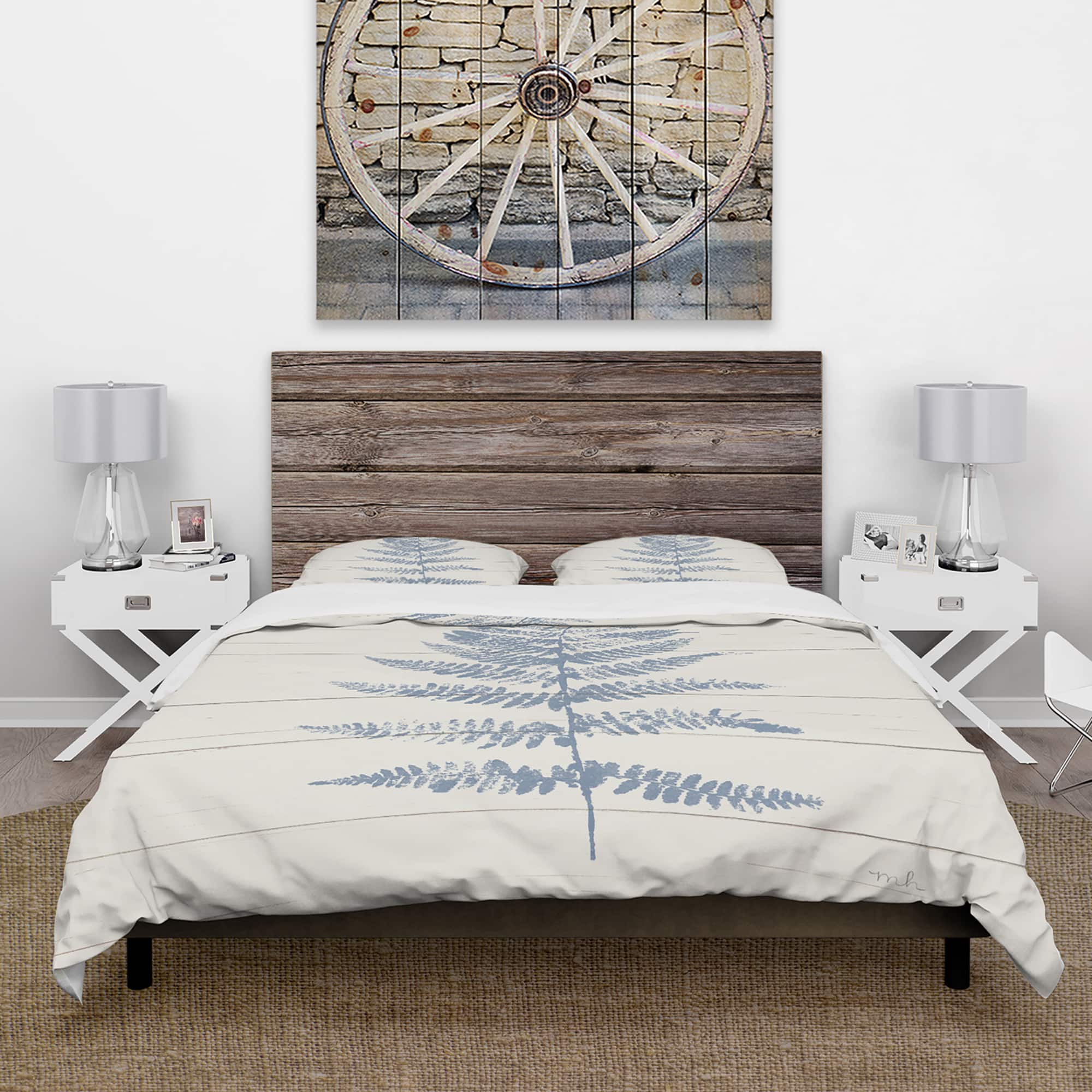 Designart &#x27;Blue Fern Print on wood II&#x27; Cottage Bedding Set - Duvet Cover &#x26; Shams