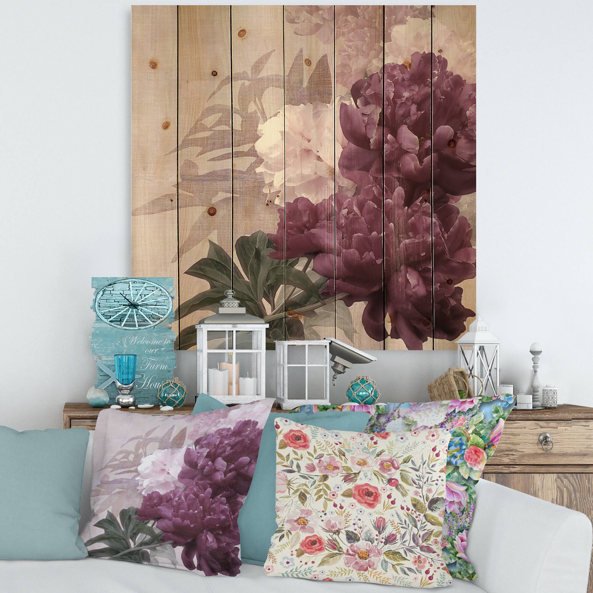 Designart - Vintage Purple and Pink Flowers I - Traditional Print on Natural Pine Wood