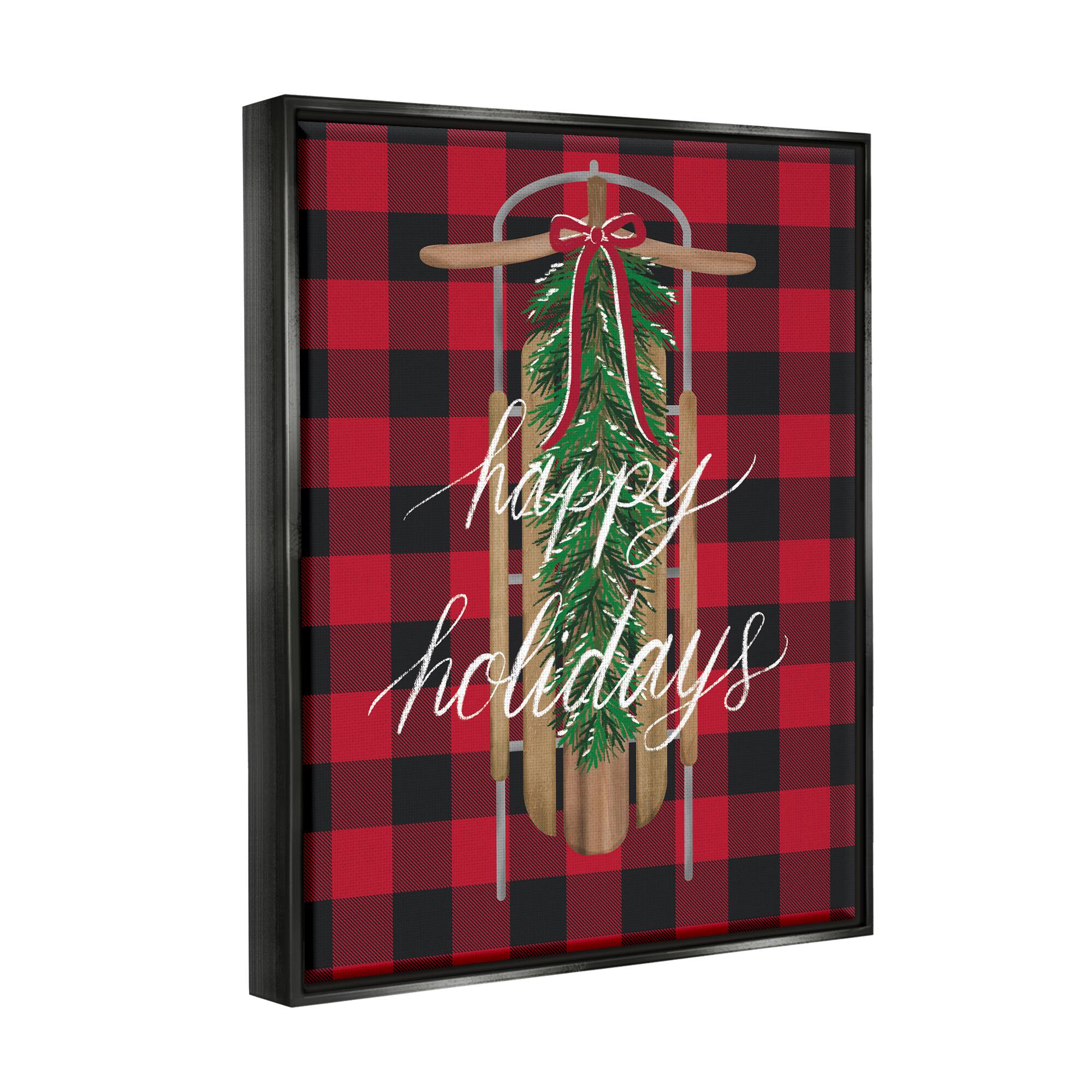 Stupell Industries Happy Holidays Tartan Sled Framed Floater Canvas Wall Art
