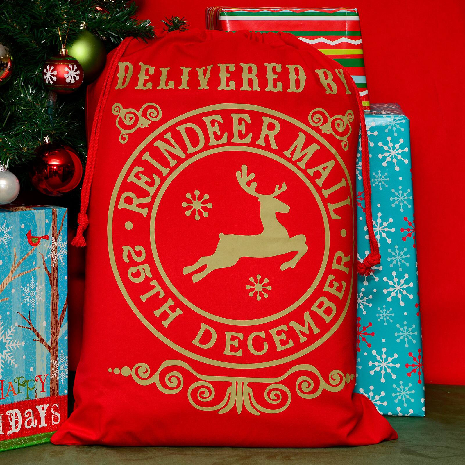 19" x 26" Delivered By Christmas Red Cotton Drawstring Bag