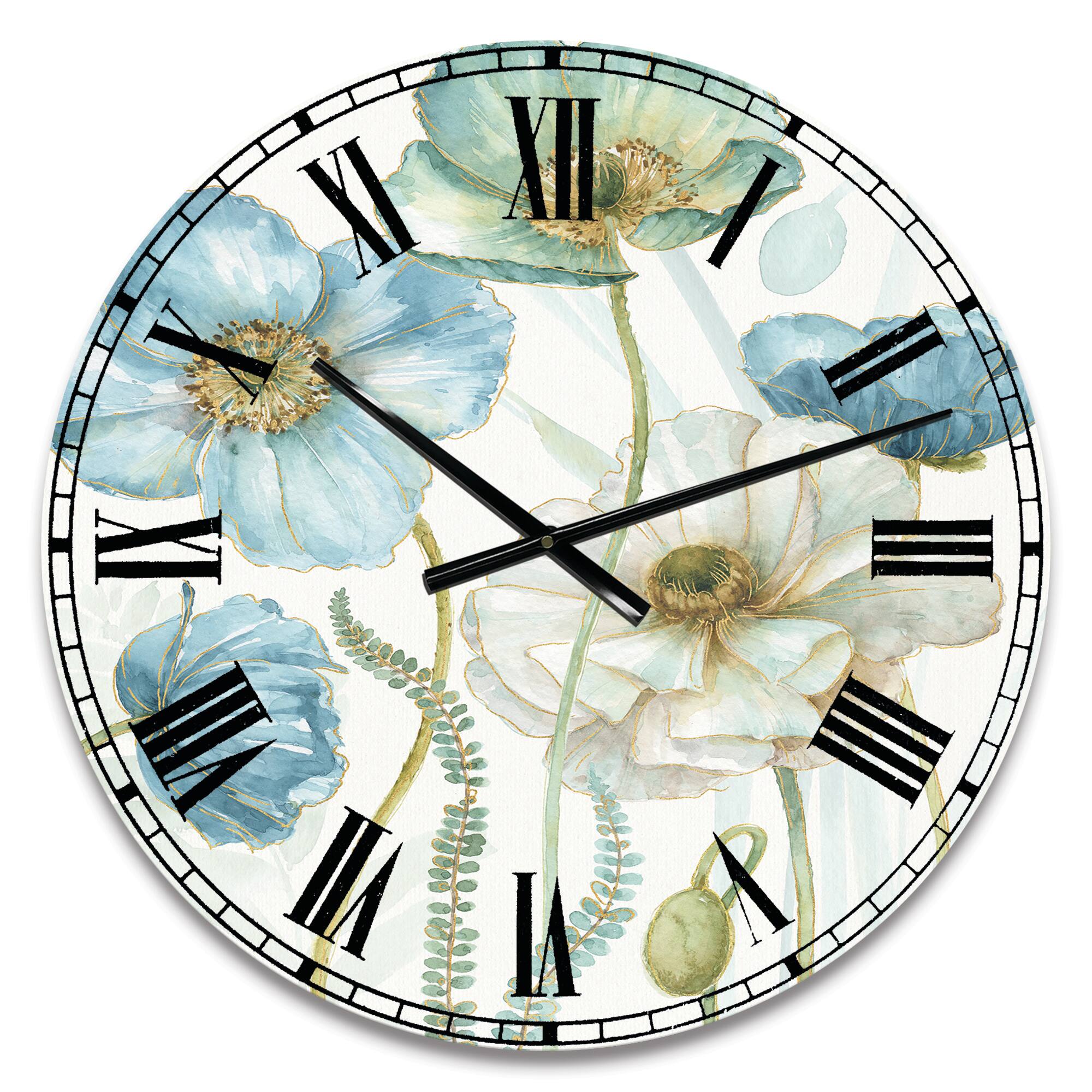 Designart 'Blue Cottage Flowers Drawing Ii Farmhouse Wall Clock