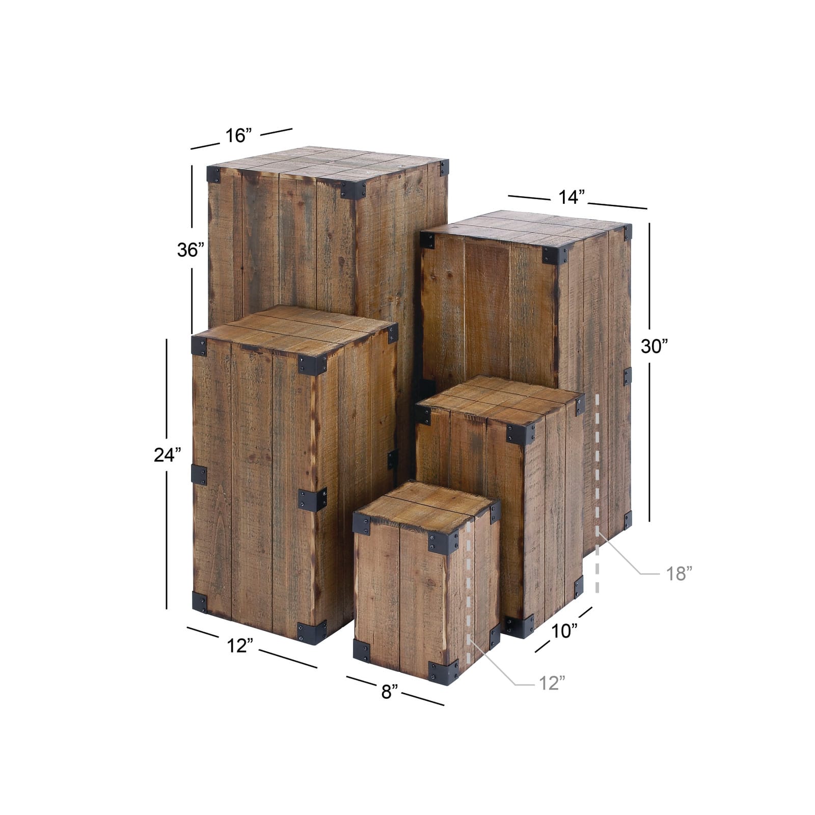 Set of 5" Brown Wood Farmhouse Pedestal Table, 36", 30", 24", 18", 12"