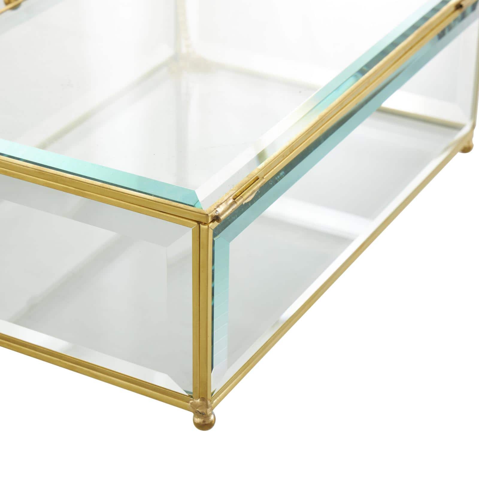 Clear &#x26; Gold Beveled Glass &#x26; Metal Rectangle Footed Jewelry Box with Chain Accent Set