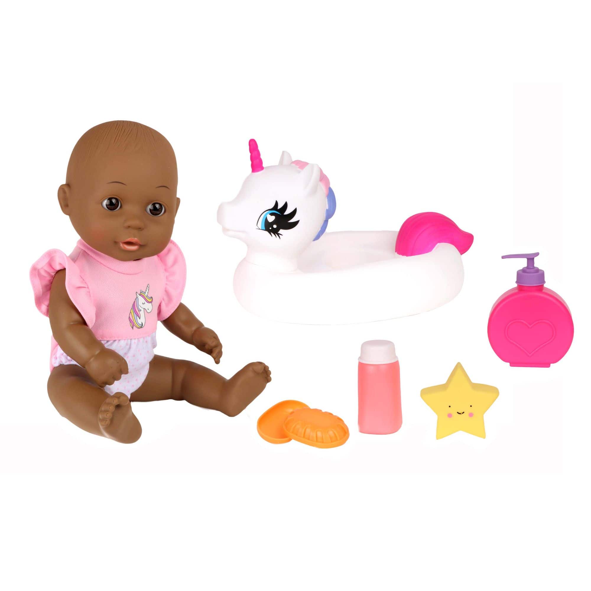 Dream Collection Bath Time 12&#x22; African American Baby Doll With Unicorn Floatie