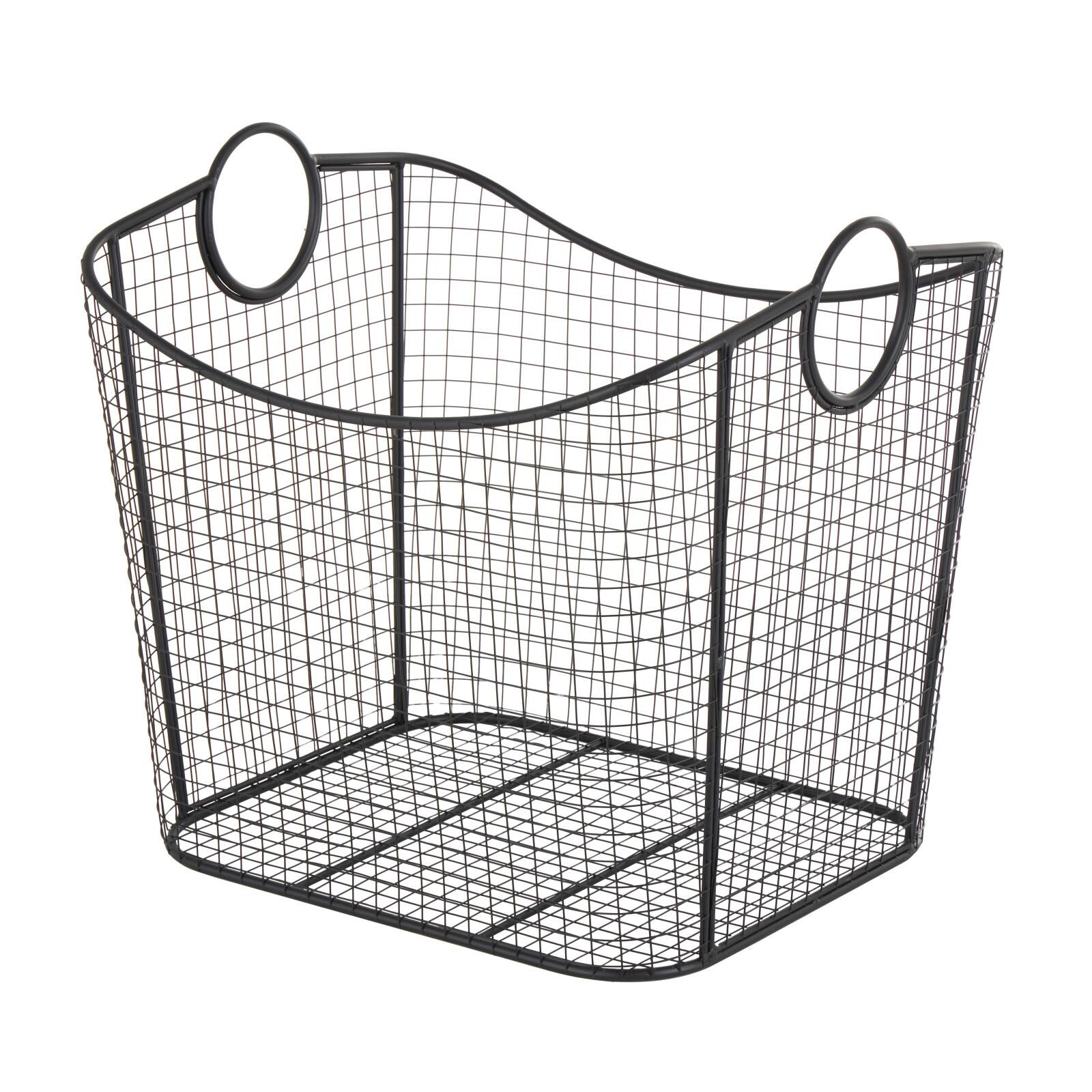 20" Black Metal Storage Basket with Curved Sides & Ring Handles